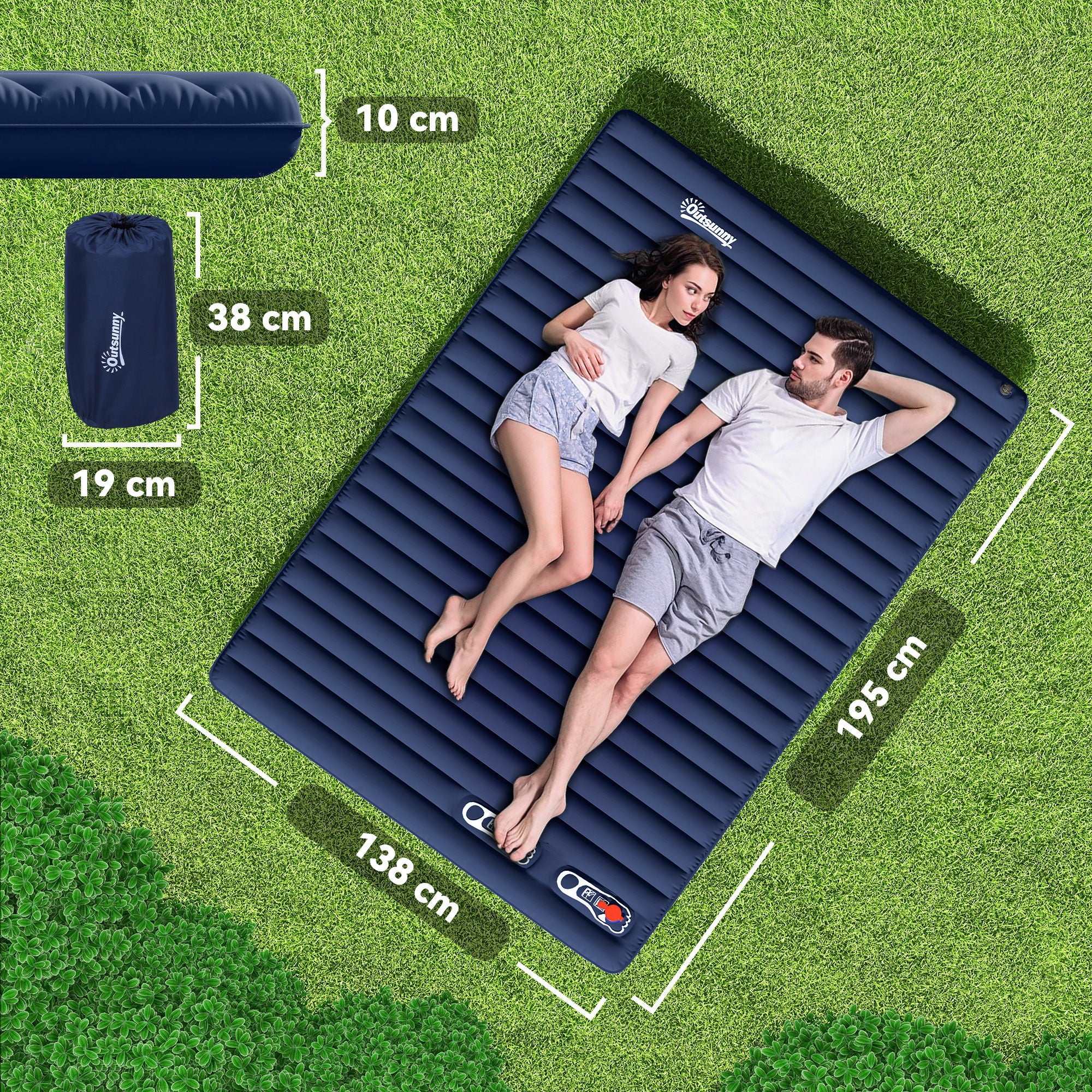 Outsunny 2 Person Camping Inflating Sleeping Mat Inflatable Mattress Ultralight Folding Bed Portable Air Bed for Outdoor Backpacking Hiking Travel - Blue - North Peak Garden Furniture