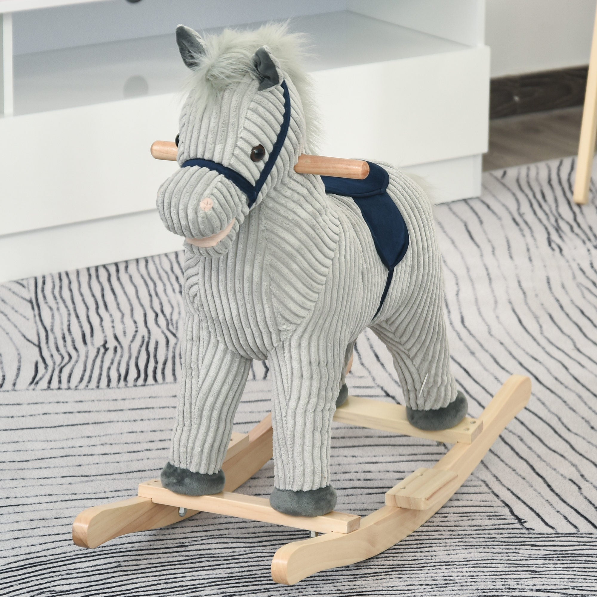 HOMCOM Kids Plush Rocking Horse w/ Sound Children Rocker Ride On Toy Gift 3-6 Years Grey - North Peak Garden Furniture