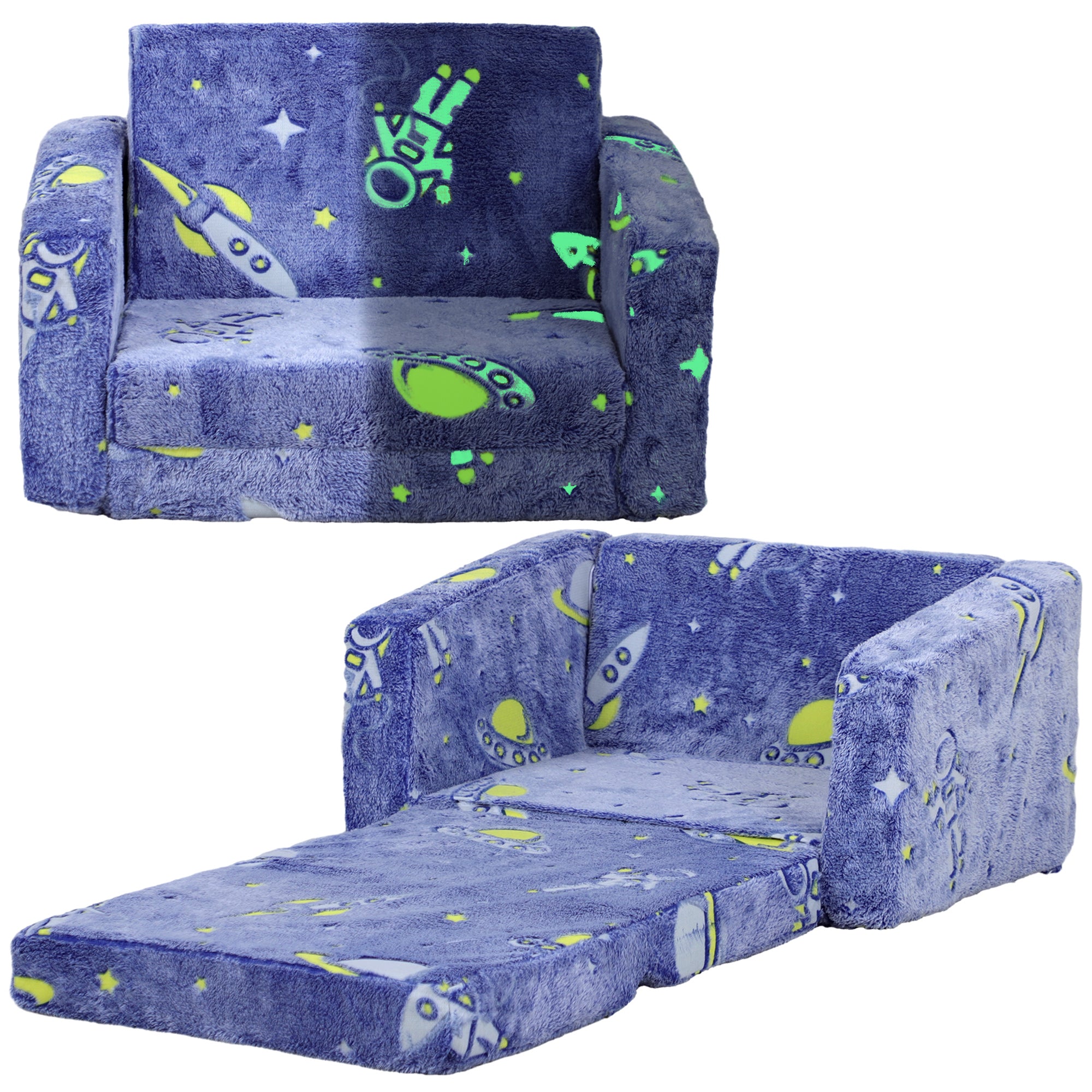 AIYAPLAY 2 in 1 Kids Kids Folding Bed Armchair with Glow in The Dark Cosmic Design, Washable Cushion and Cover, Blue