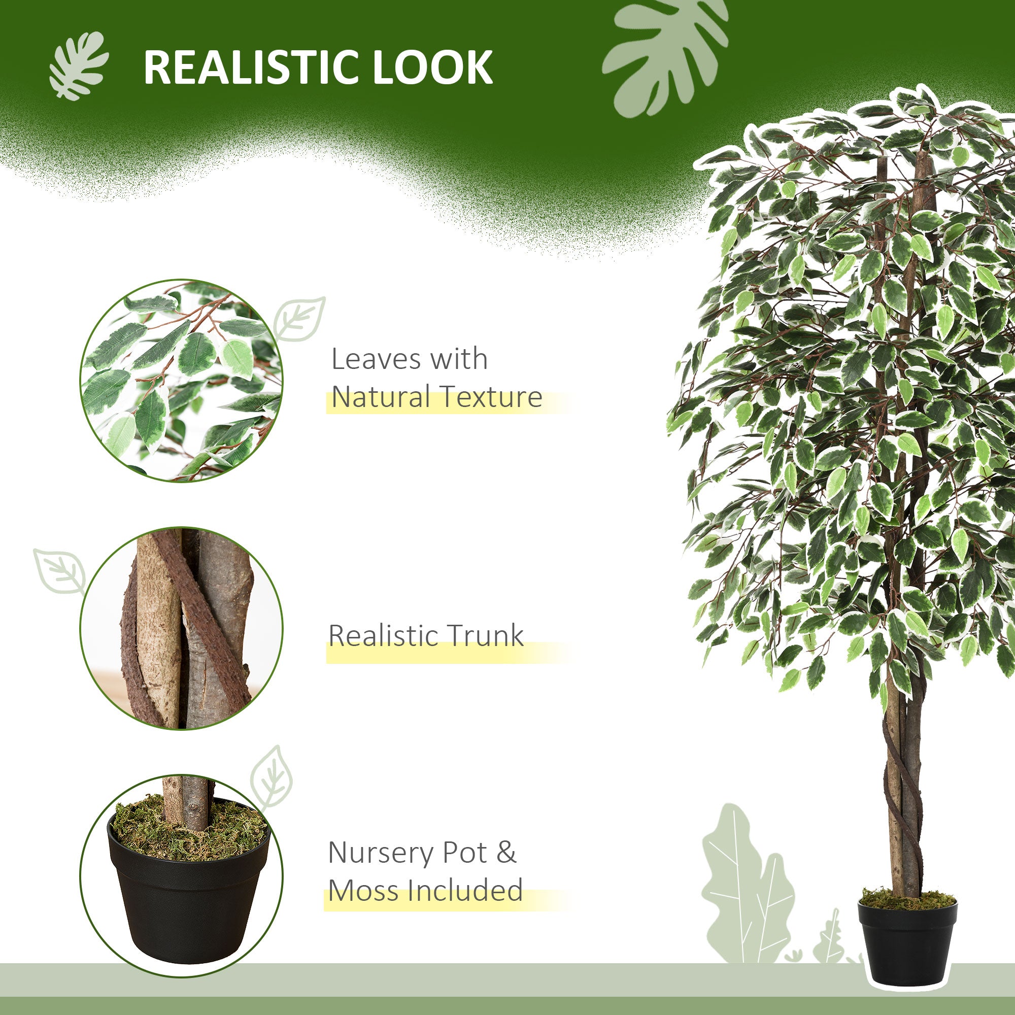 Outsunny 160cm/5.2FT Artificial Ficus Silk Tree with Nursery Pot, Decorative Fake Plant, for Indoor Outdoor Décor