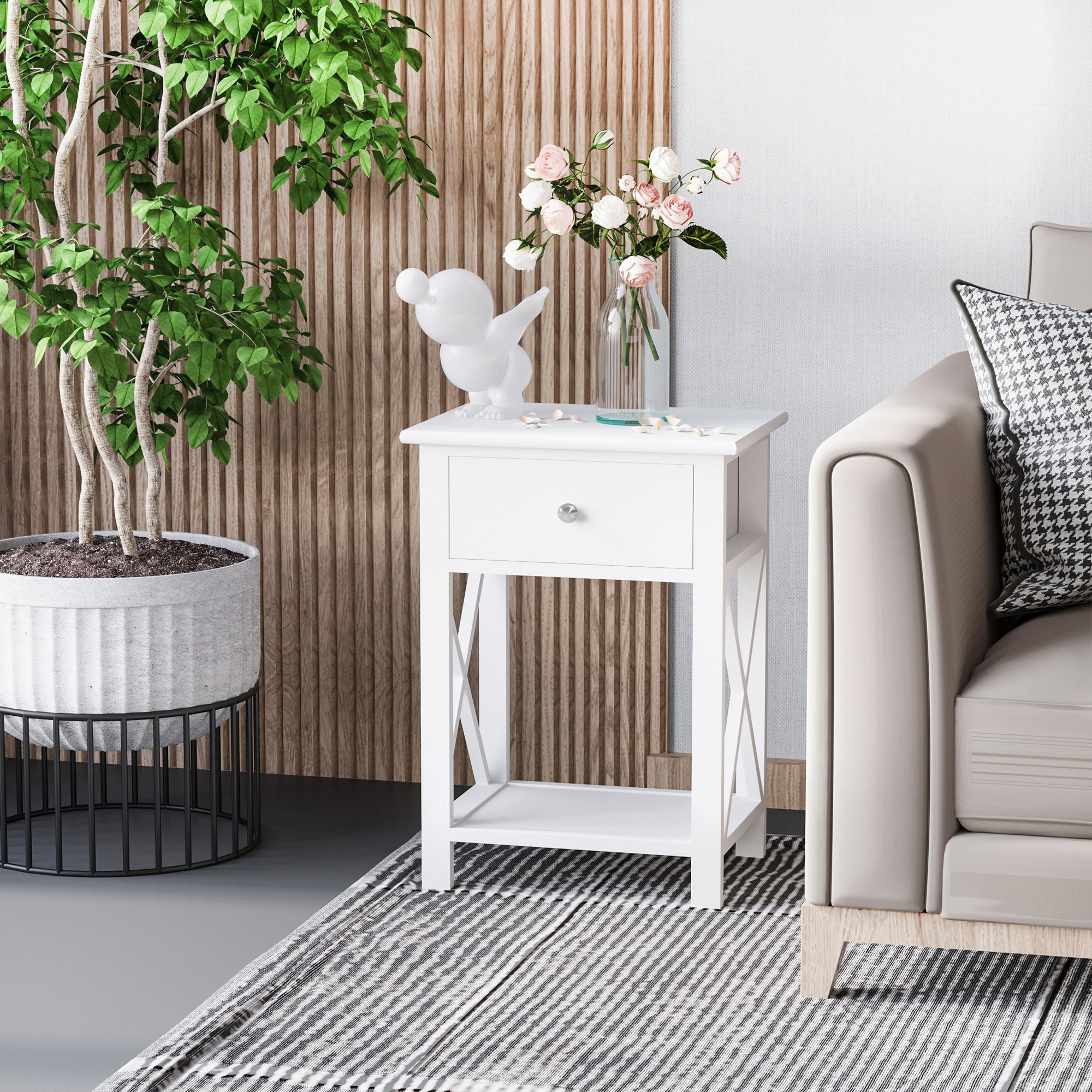HOMCOM End Table, Sofa Side Table with Drawer X Bar Bottom Storage Shelf, Nightstand Bedside Table for Bedroom or Living Room White - North Peak Garden Furniture