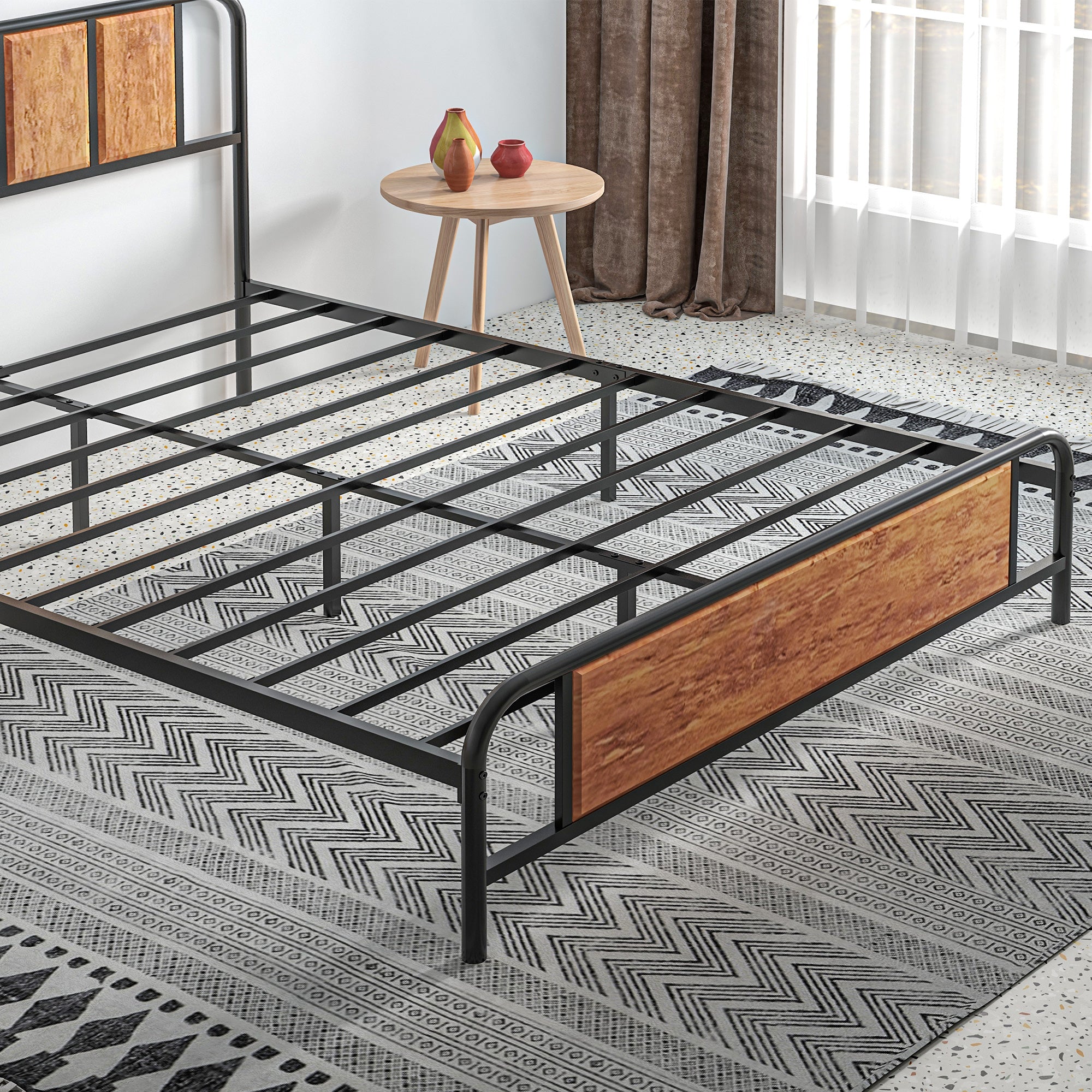 HOMCOM 5.2ft King Bed Frame with Industrial Wood Headboard, Steel Slat Support and 31cm Underbed Storage Space, 160 x 207cm, Rustic Brown - North Peak Garden Furniture