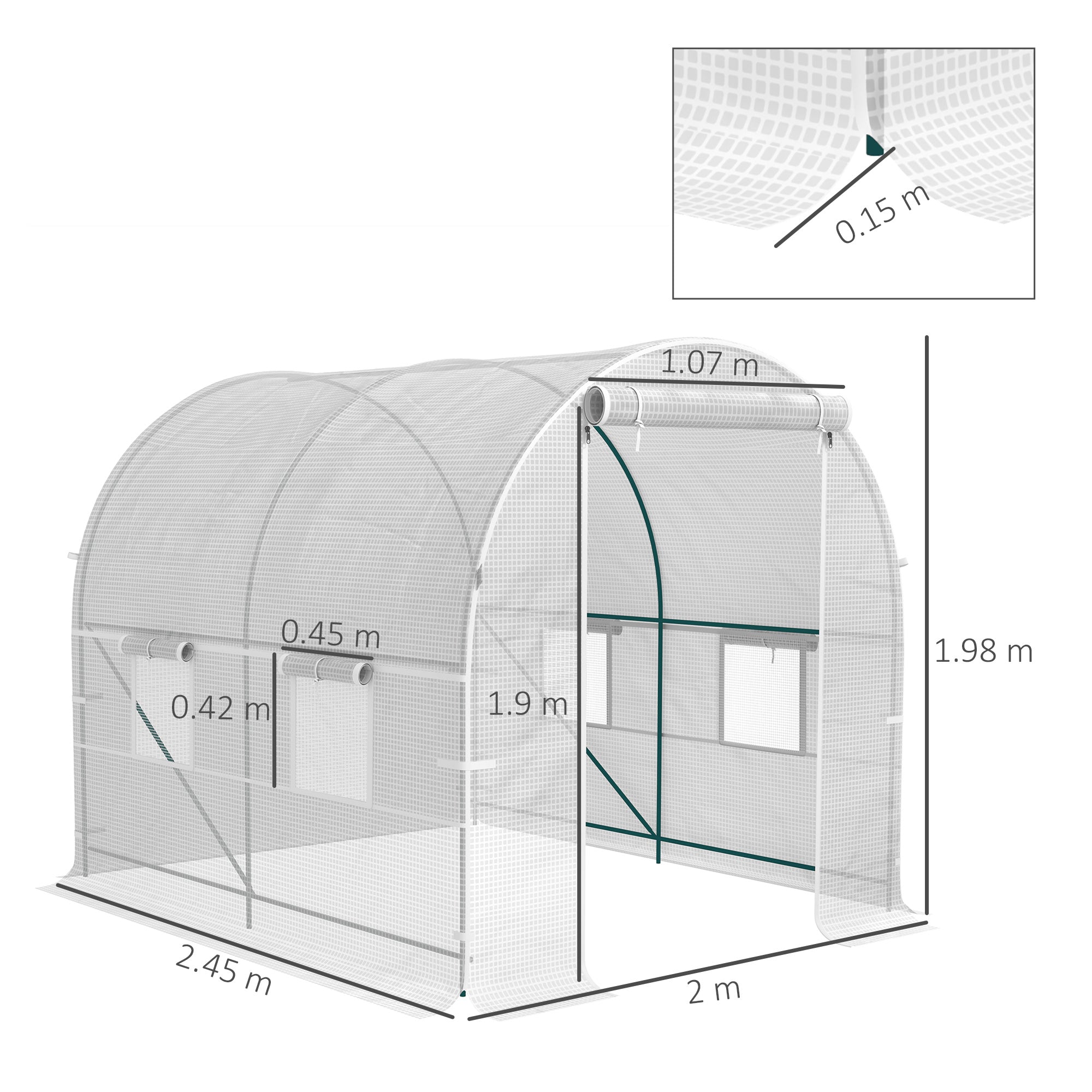 Outsunny Reinforced Walk in Polytunnel Greenhouse with Roll Up Zipped Door Windows, Galvanised Steel Frame, 2 x 2.5m