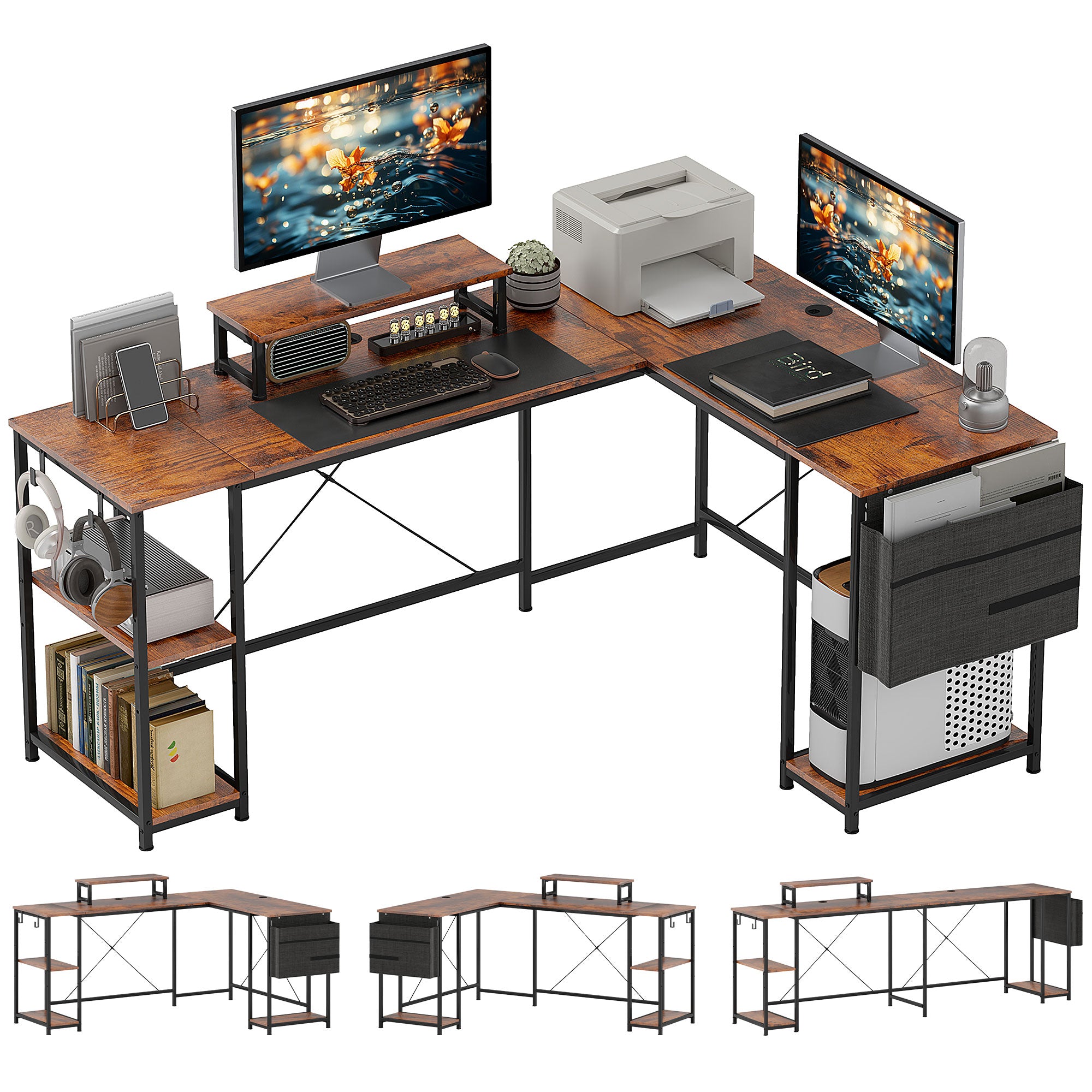 HOMCOM 168cm Reversible L Shaped Desk, Industrial Corner Computer Desk with Adjustable Shelf and Storage Bag, 240cm 2 Person Desk with Monitor Stand, Rustic Brown - North Peak Garden Furniture