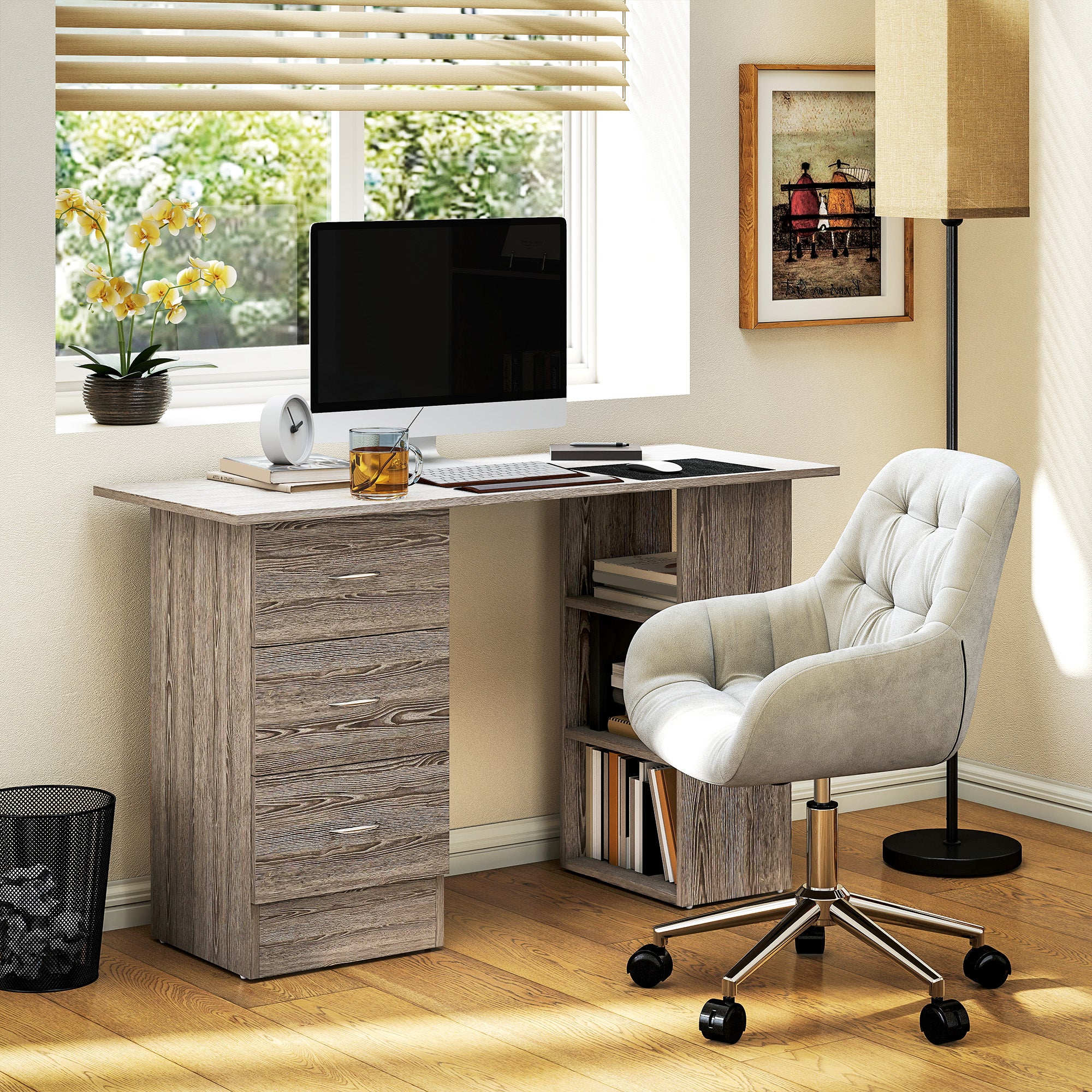 HOMCOM Computer Desk, Writing Table, PC Workstation with 3 Storage Shelves and Drawers, Silver Handle, for Home Office, Grey