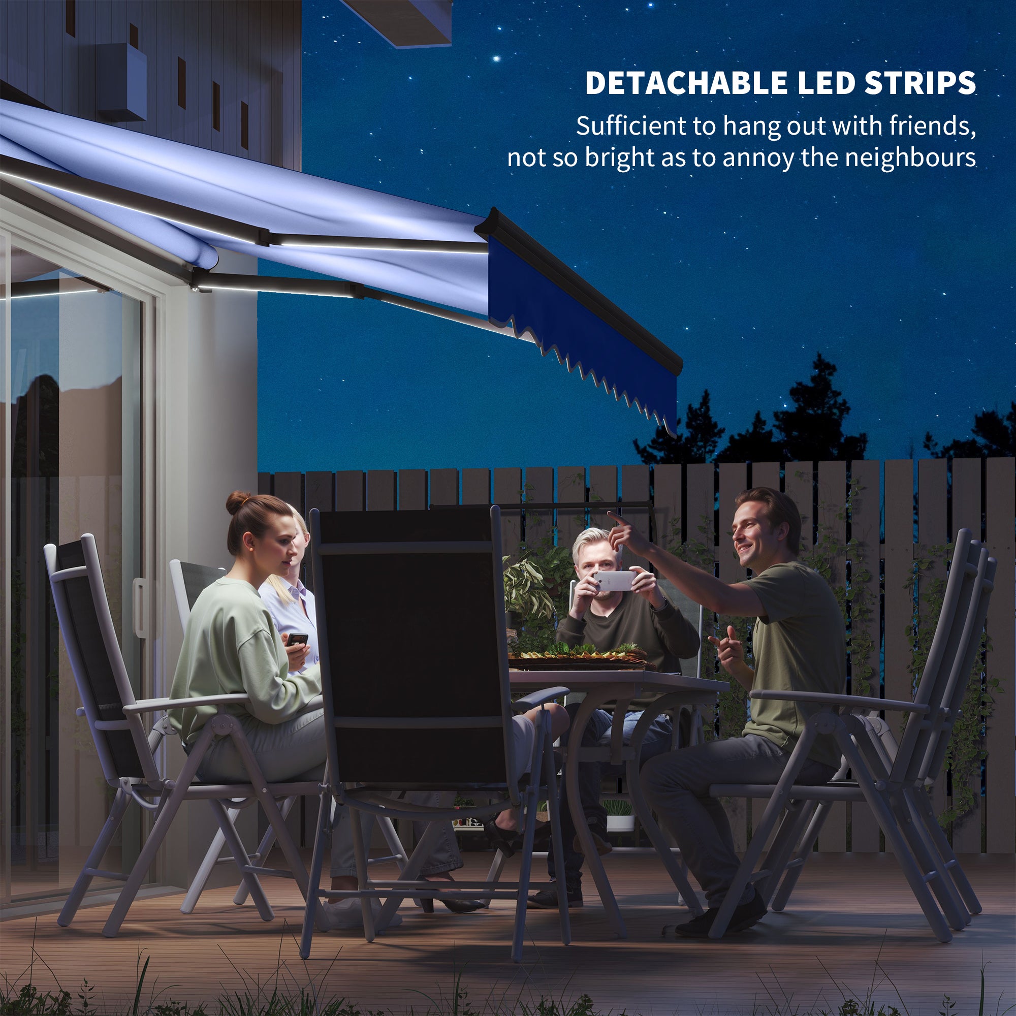 Outsunny 3 x 2.5m Electric Awning with LED Light and Remote Controller, Aluminium Frame DIY Retractable Awning, UV50+ Sun Shade Canopy for Garden Patio Deck Door Window, Blue - North Peak Garden Furniture