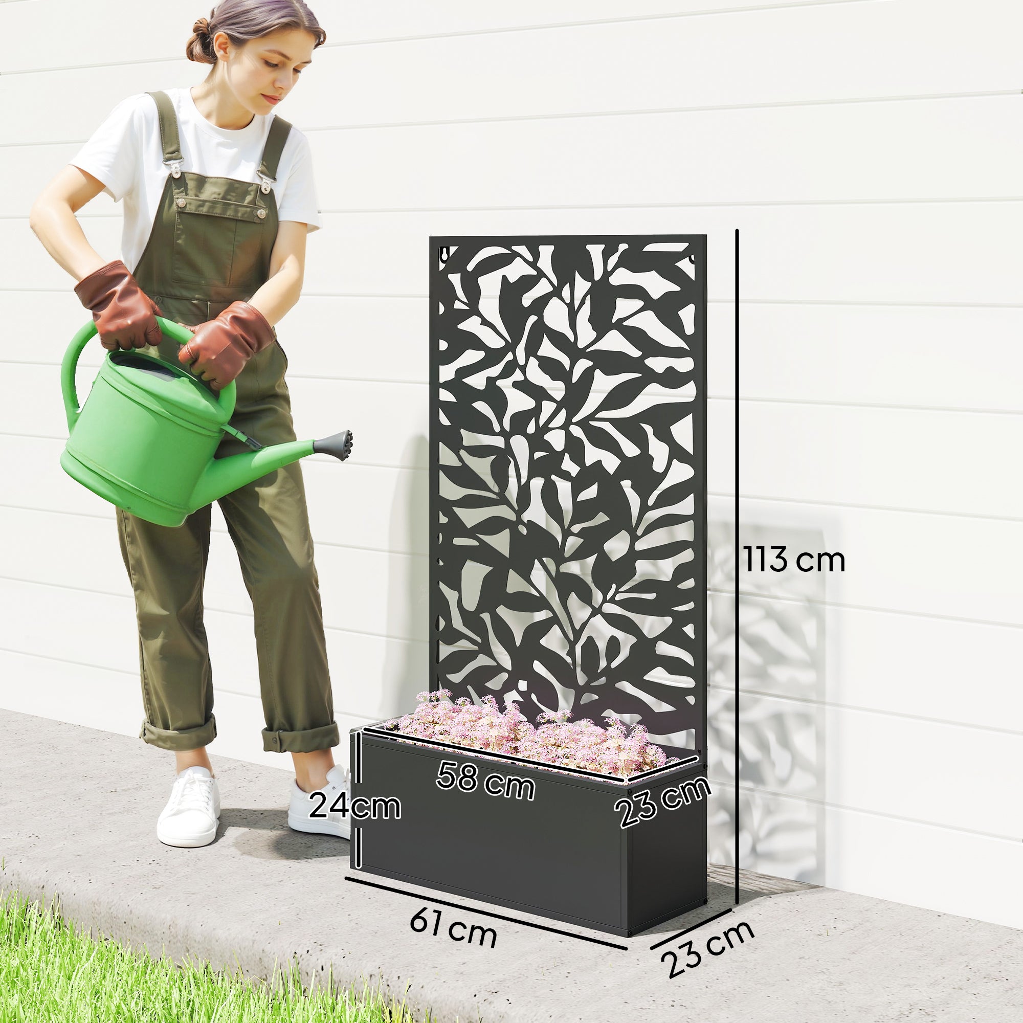 Outsunny Metal Garden Bed with Trellis, Wall Mounted or Freestanding Raised Planter with Privacy Panel, Black