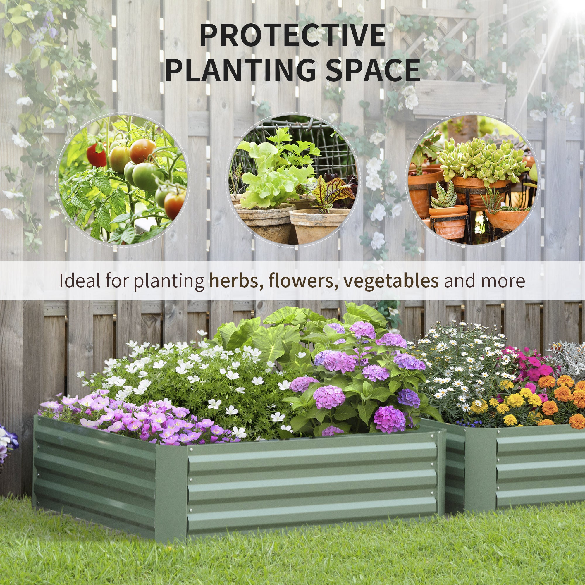 Outsunny Set of 2 291L Raised Garden Bed, Elevated Galvanised Planter Box for Flowers, Herbs, 100x100x30cm, Green - North Peak Garden Furniture