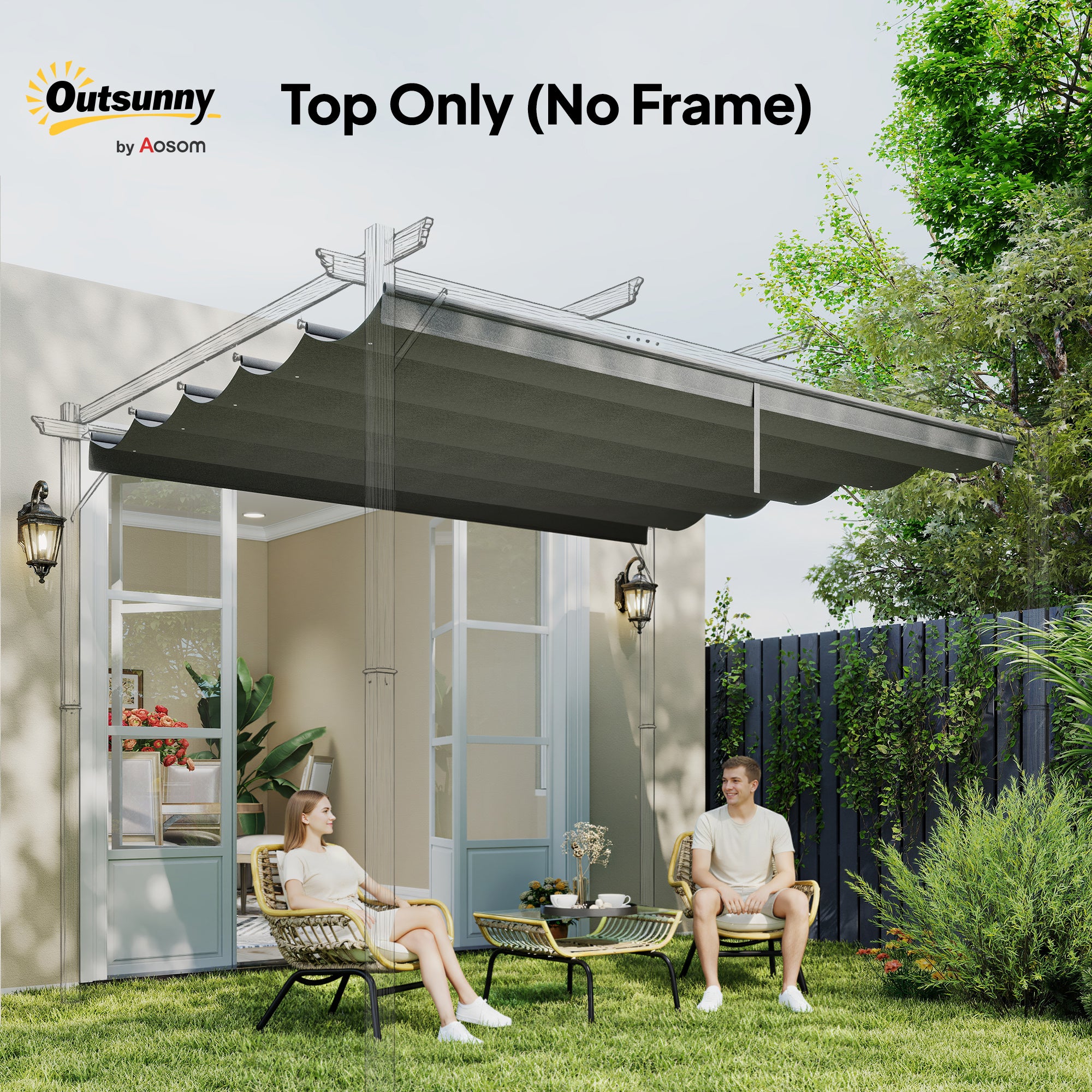 Outsunny Retractable Pergola Cover, 3.5 x 2.6 m Replacement Canopy Fabric for 4 x 3 m Frame, Roof Top Only, Light Grey