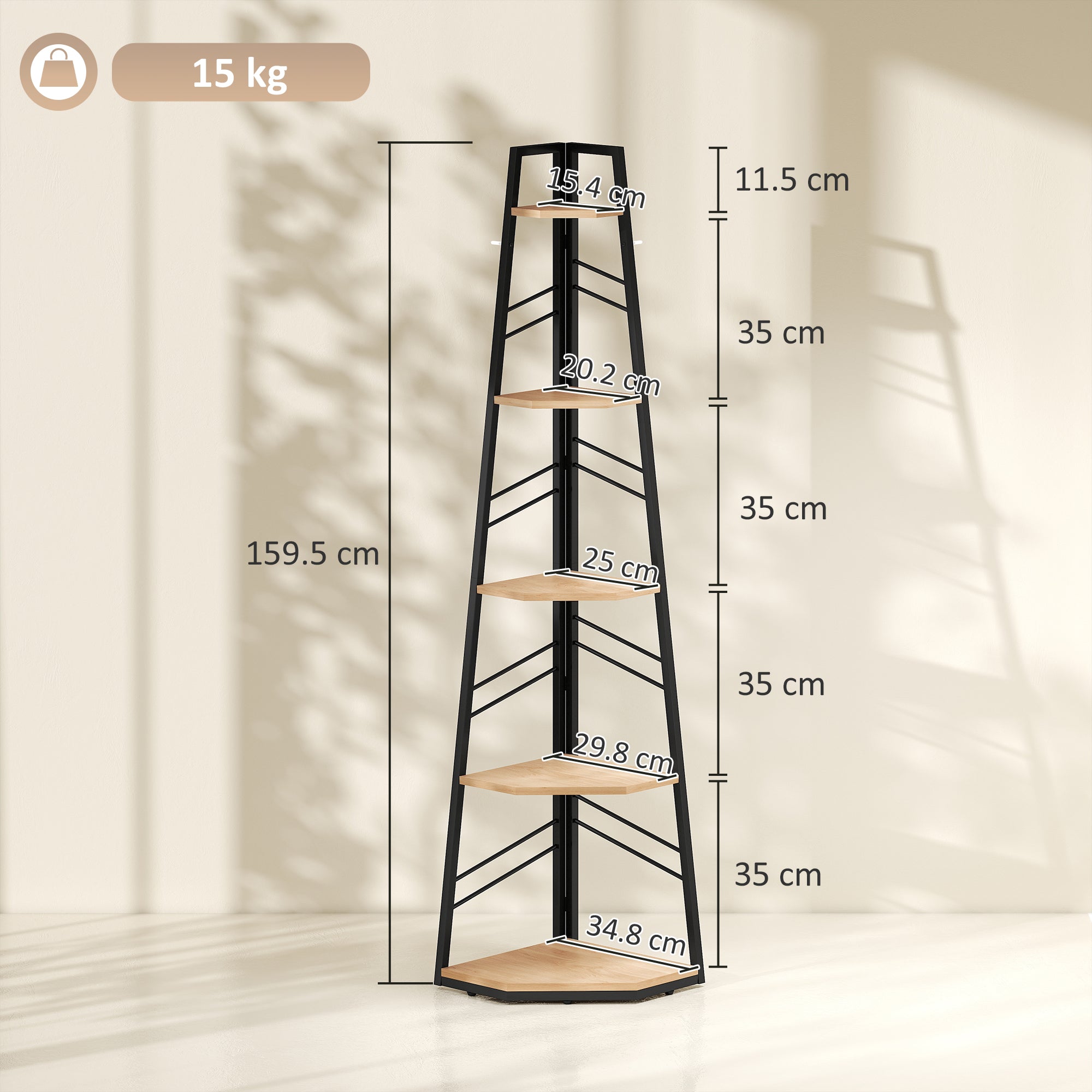 HOMCOM Corner Bookcase, 5-Tier Floor Standing Bookshelf, Shelving Unit for Living Room, Study, Bedroom, Natural Wood Finish