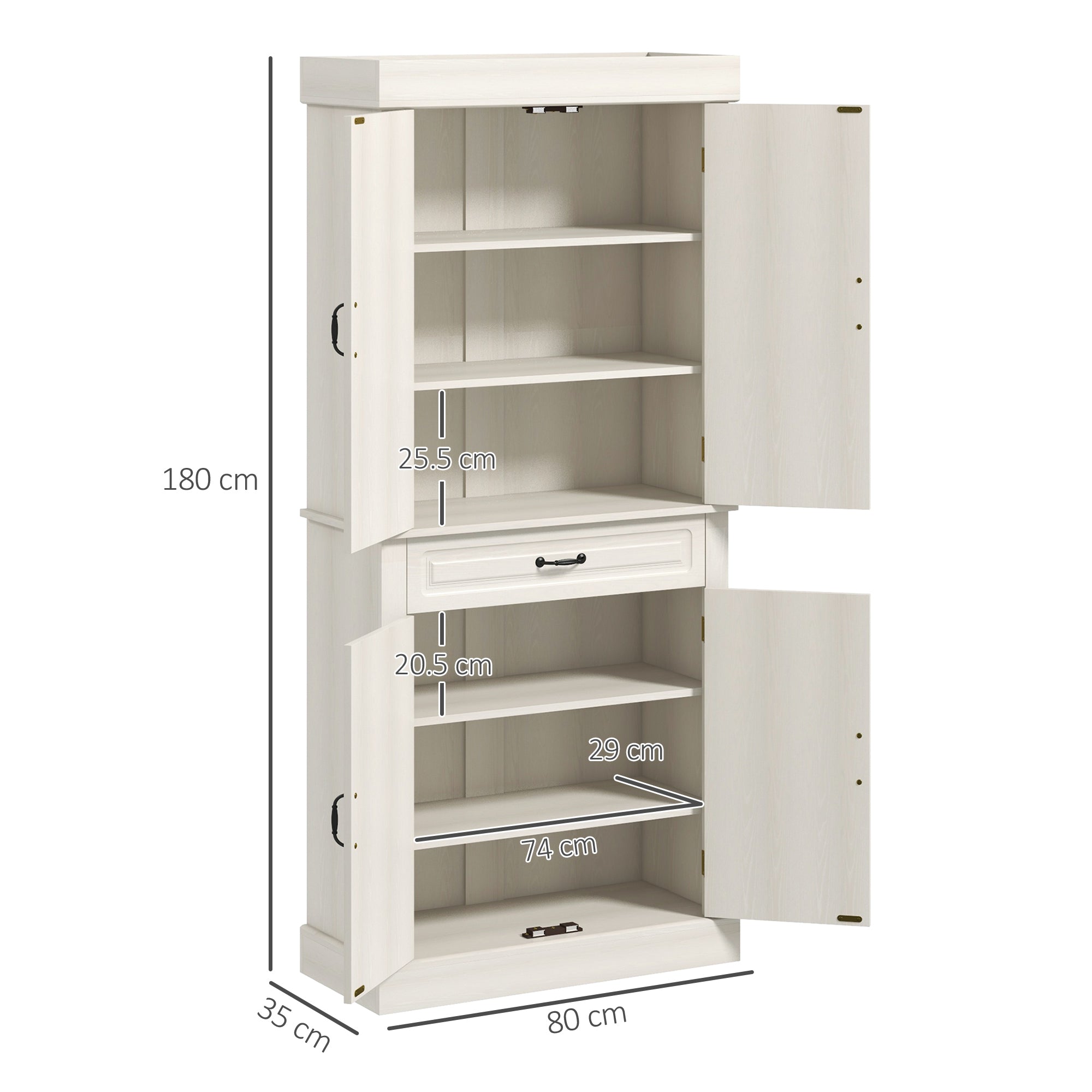 HOMCOM Kitchen Cupboard with 4 Doors, Freestanding Storage Cabinet with Wide Drawer and Shelves for Living Room, 180cm, White Wood Grain - North Peak Garden Furniture