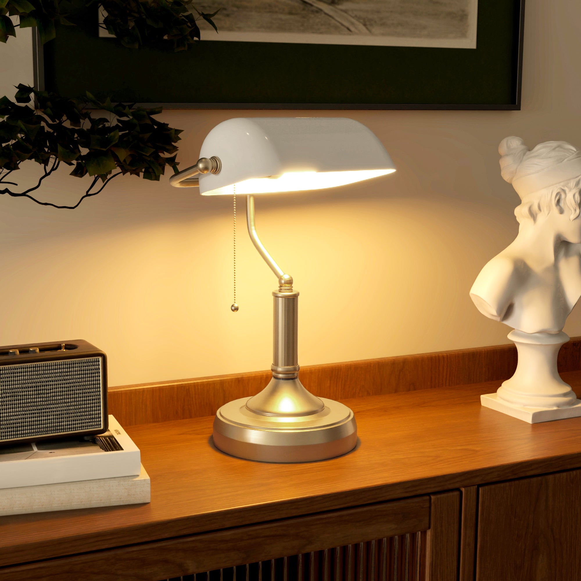 HOMCOM Banker's Desk Lamp with Antique Bronze Tone Base, Table Lamp with White Glass Shade for Home Office, White - North Peak Garden Furniture