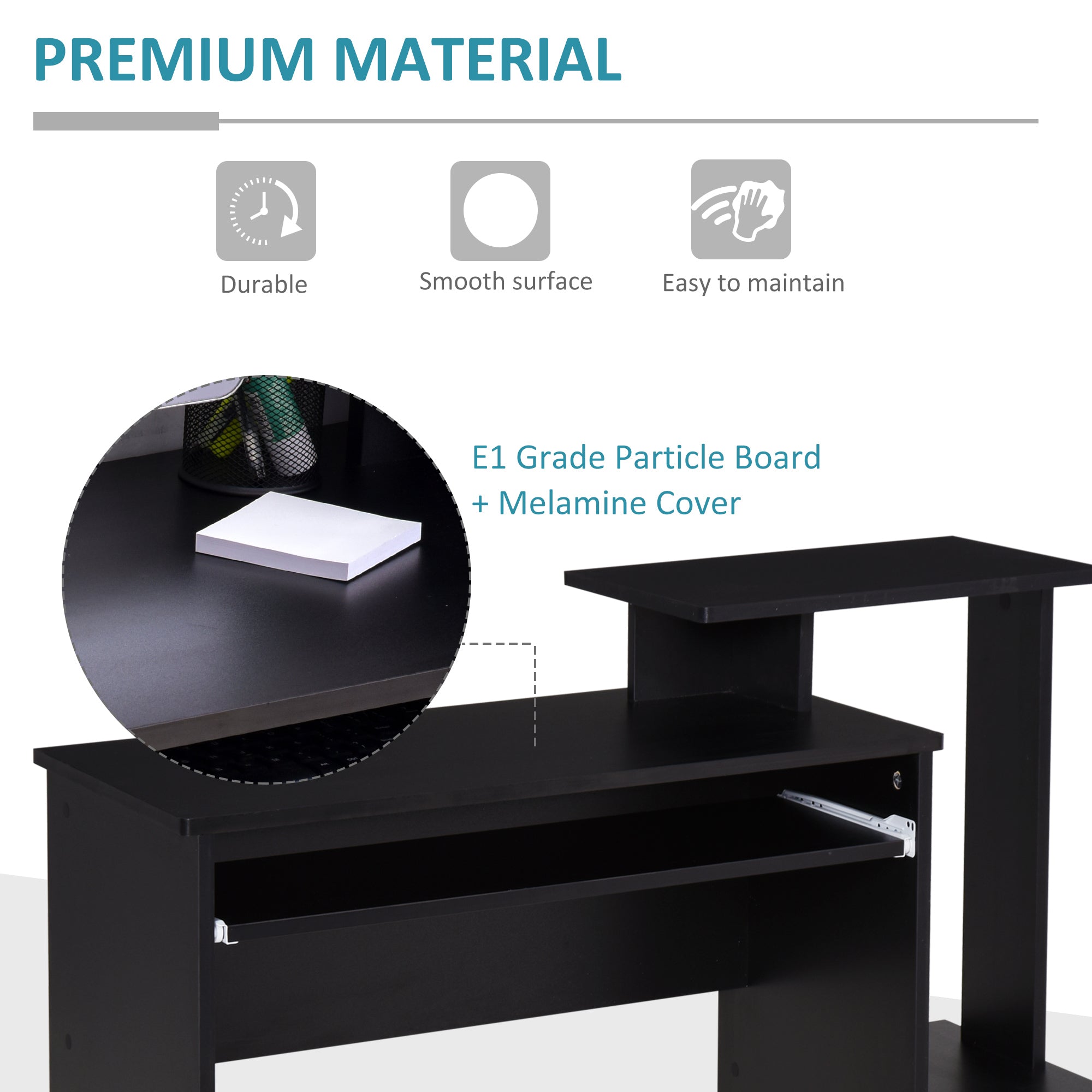 HOMCOM Computer Desk with Sliding Keyboard Tray Storage Drawer Shelf Home Office Workstation Black - North Peak Garden Furniture