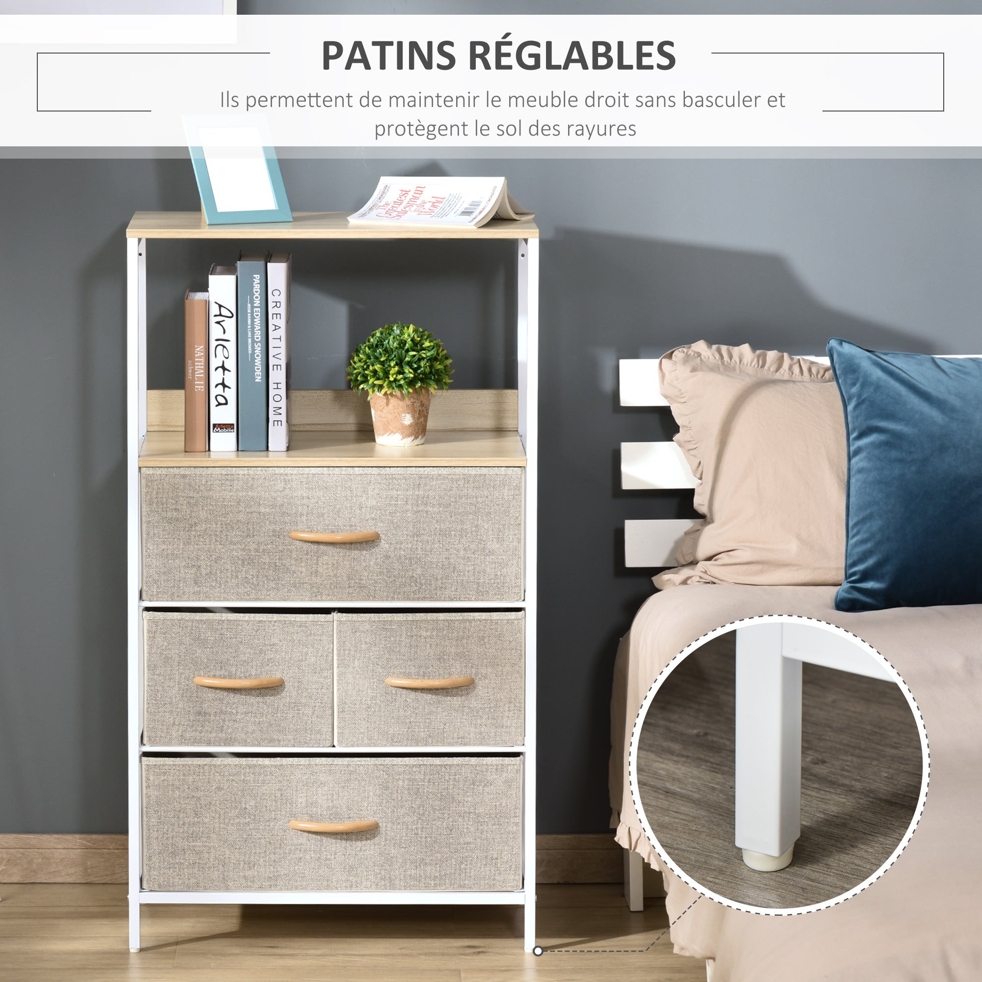 HOMCOM 4 Drawer Storage Chest Unit Home Cabinet w/ Shelves Home Living Room Bedroom Entryway Living Furniture, Light Grey - North Peak Garden Furniture