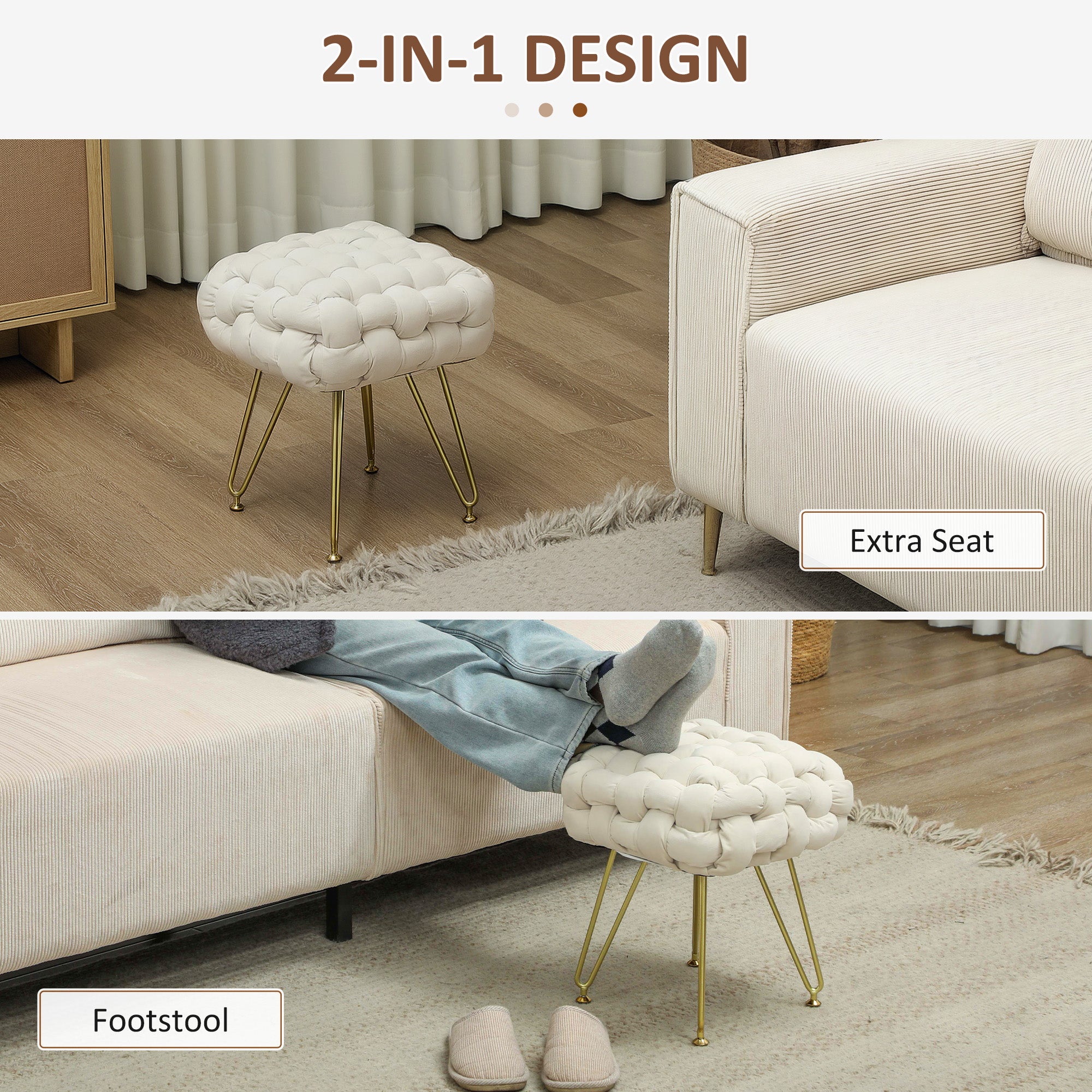 HOMCOM Velvet-Feel Bold Woven Footstool - Cream White - North Peak Garden Furniture