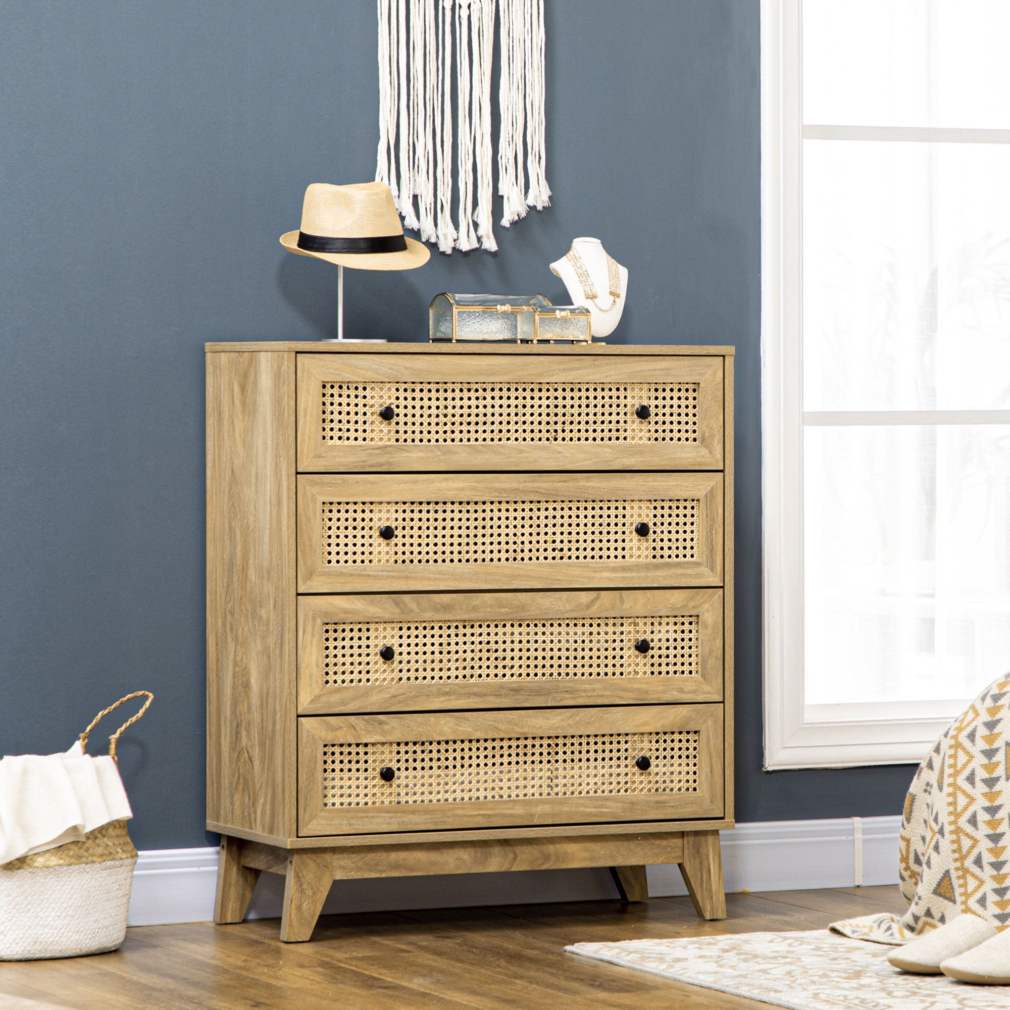 HOMCOM Storage Cabinet, 4-Drawer Unit with Rattan Element for Bedroom, Living Room, 80cmx35cmx95cm, Wood Effect - North Peak Garden Furniture