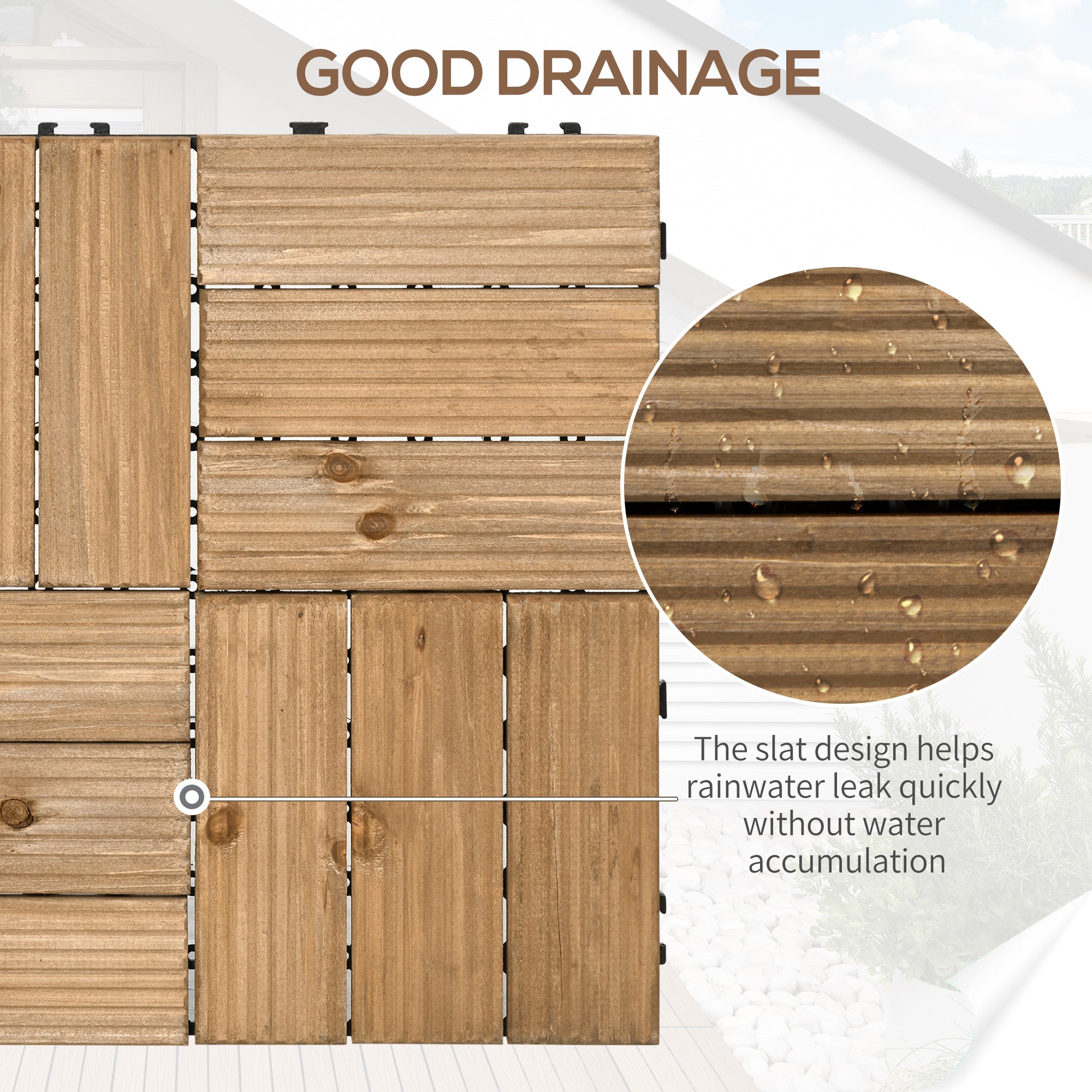 Outsunny 27 Pcs Wooden Interlocking Decking Tiles, Outdoor Flooring Tiles for Patio, Balcony, Terrace, Hot Tub, 30 x 30 cm per Piece, 2.5㎡ per Pack, Brown - North Peak Garden Furniture