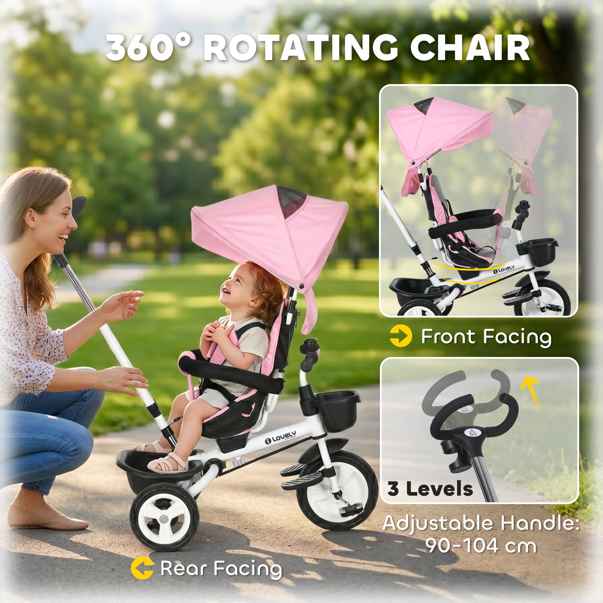 HOMCOM Metal Frame 6 in 1 Baby Push Tricycle with Parent Handle for 1-5 Years Old, Pink