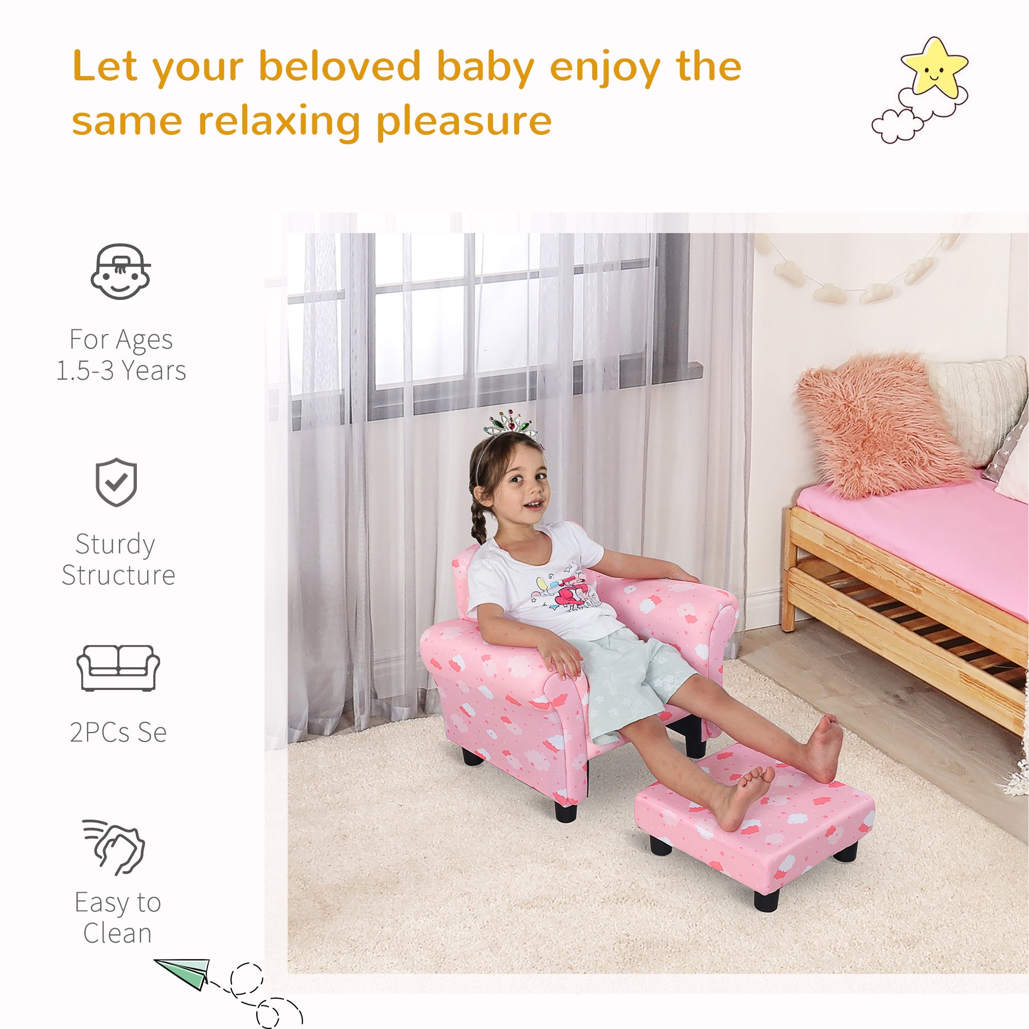 HOMCOM Toddler Chair Children's Armchairs Wood Frame w/ Footrest Anti-Slip Legs High Back Arms for Bedroom Playroom Cute Cloud Star Pink - North Peak Garden Furniture