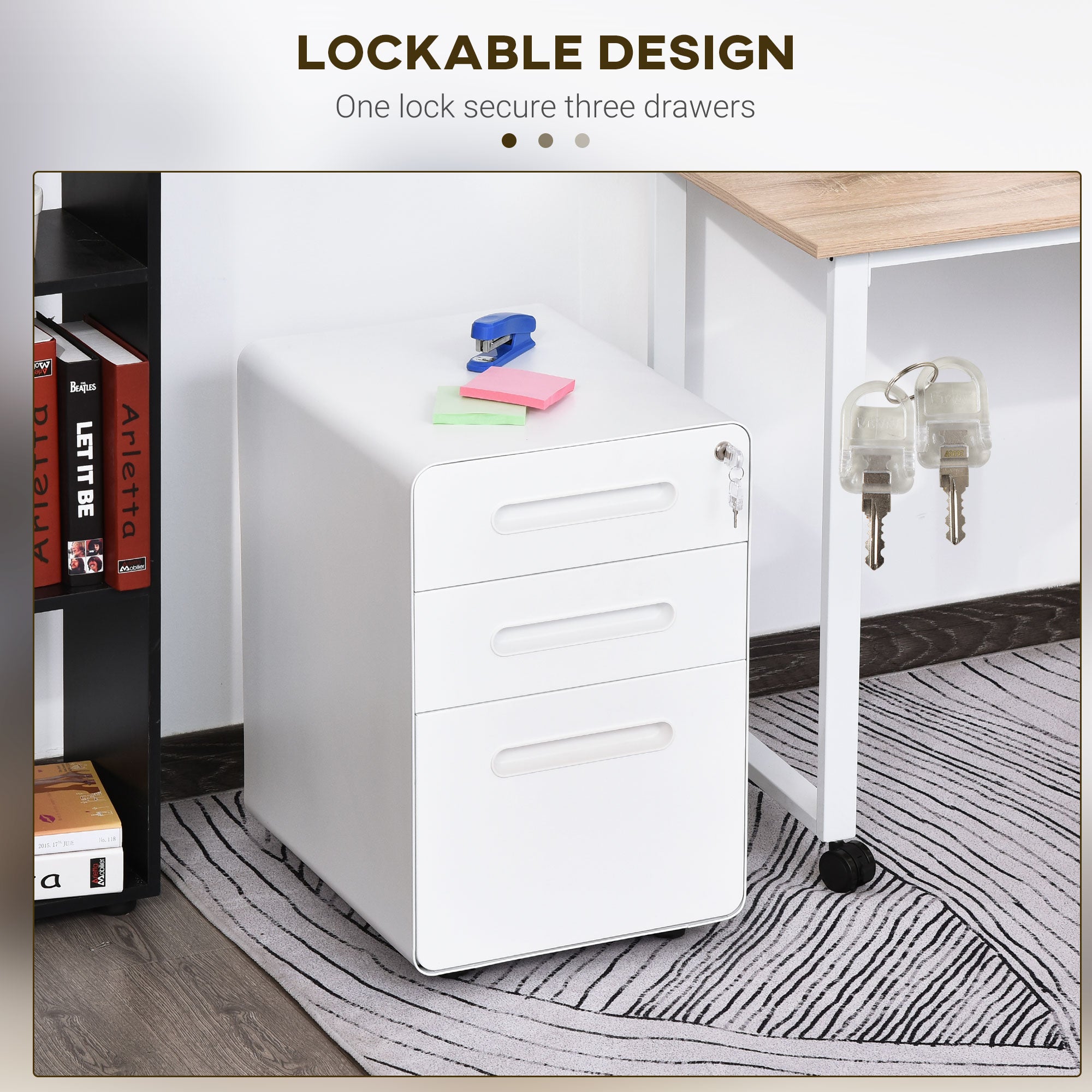 Vinsetto Lockable File Cabinet with 3 Drawers, Vertical Office Drawer for A4, Letter, Legal Size, Anti-tilt Design, Pre-Assembled Body, White - North Peak Garden Furniture