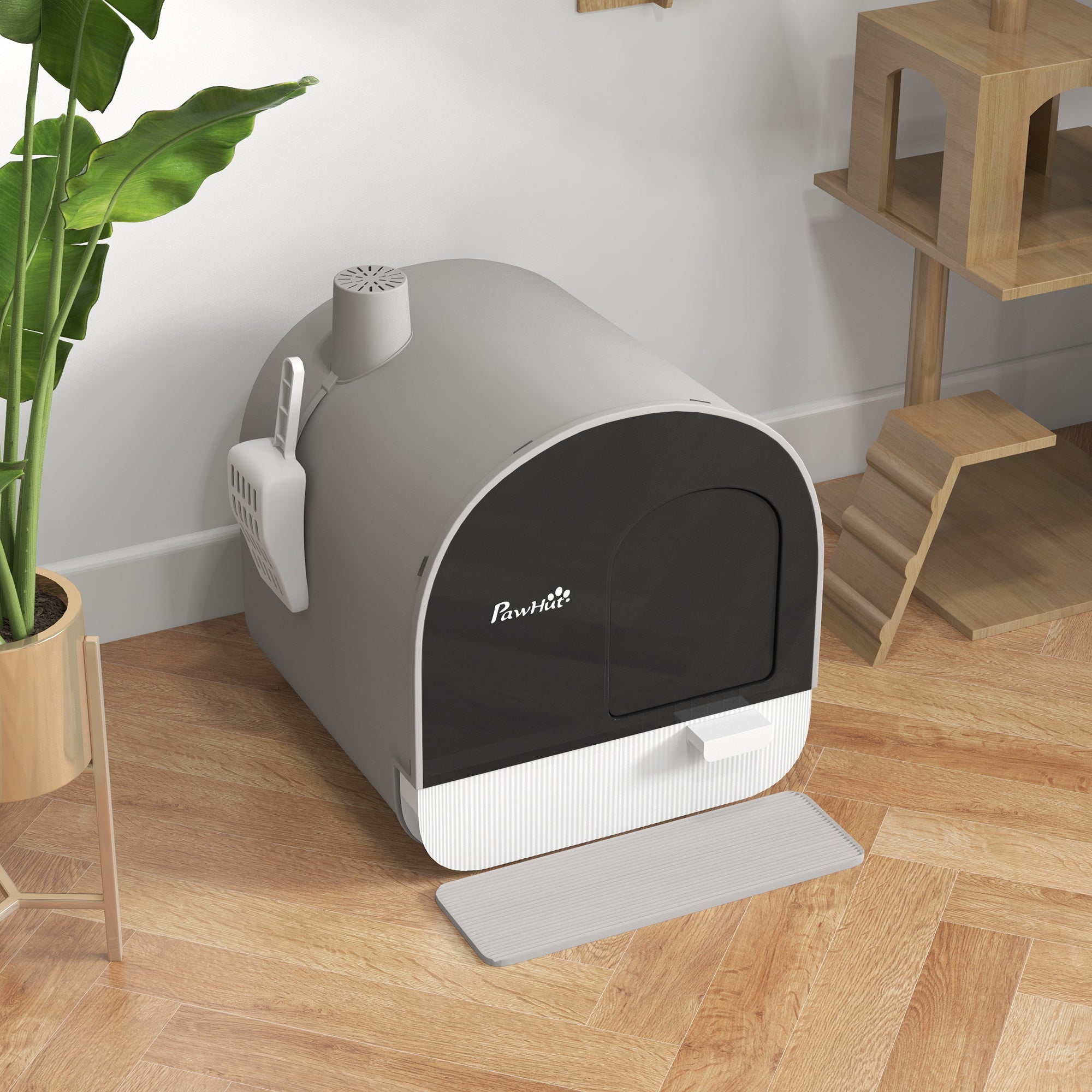 PawHut Hooded Cat Litter Box, Kitten Litter Tray, with Lid, Scoop, Filter, Flap Door, Light Grey - North Peak Garden Furniture