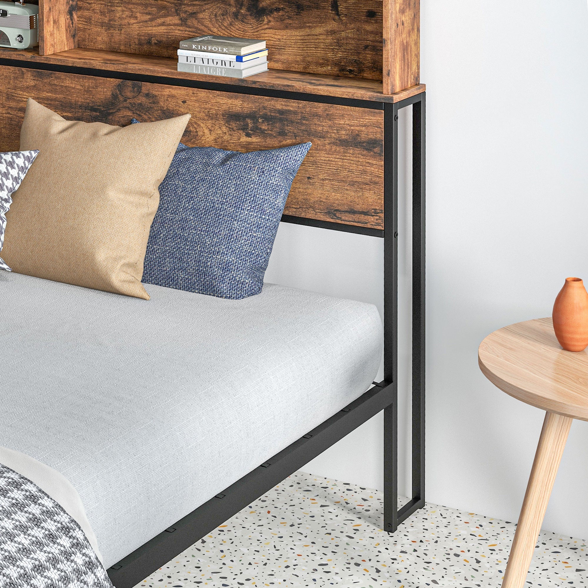 HOMCOM Industrial King Bed Frame, 5.2FT Steel Bed Base with Storage Headboard, Footboard, Slatted Support and Under Bed Storage, 158 x 222cm, Rustic Brown - North Peak Garden Furniture