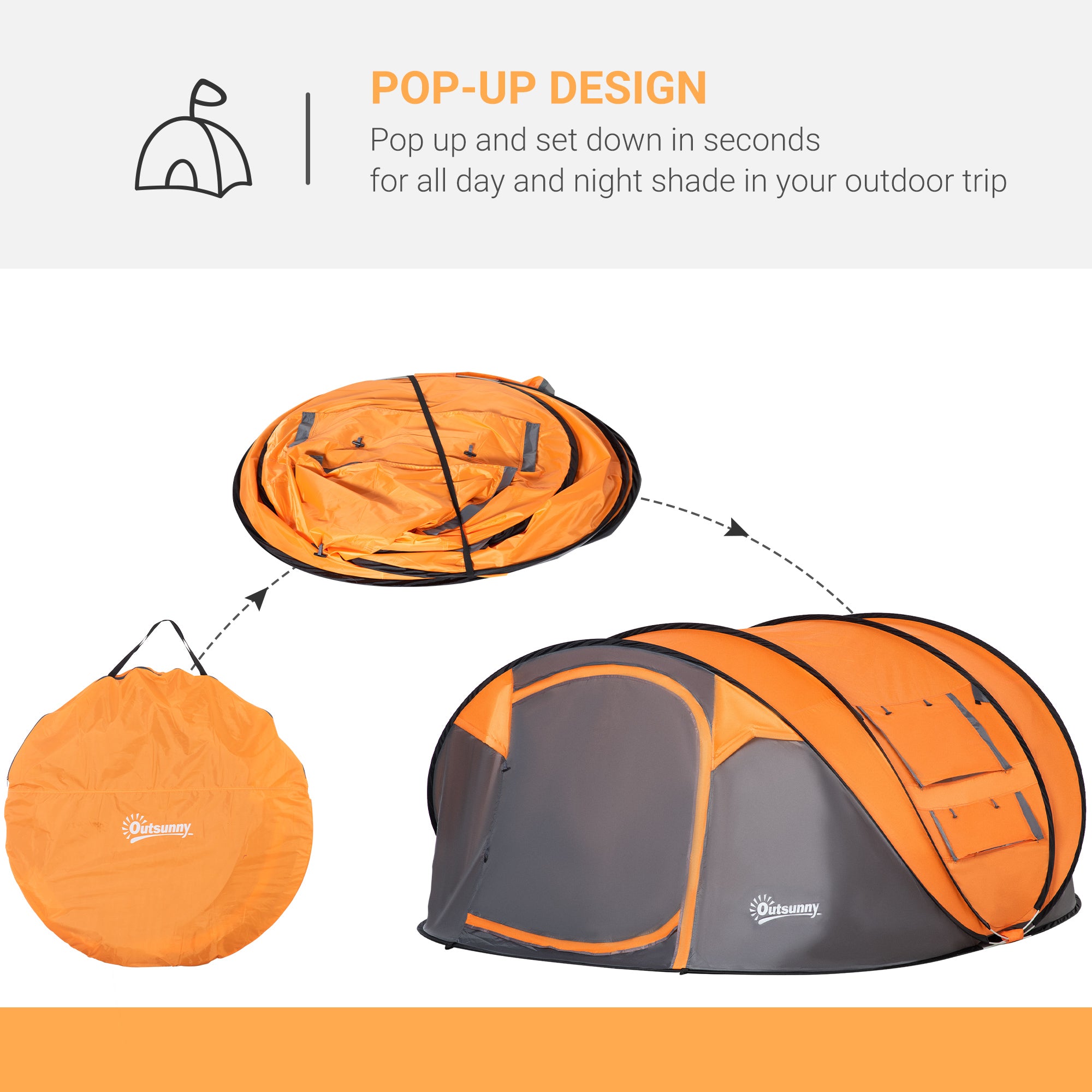 Outsunny 4-5 Person Pop-up Camping Tent Waterproof Family Tent w/ 2 Mesh Windows & PVC Windows Portable Carry Bag for Outdoor Trip, Orange - North Peak Garden Furniture