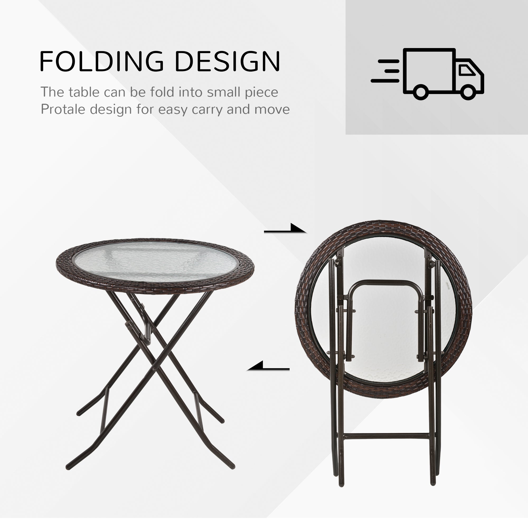 Outsunny Folding Round Tempered Glass Metal Table with Brown Rattan Edging - North Peak Garden Furniture