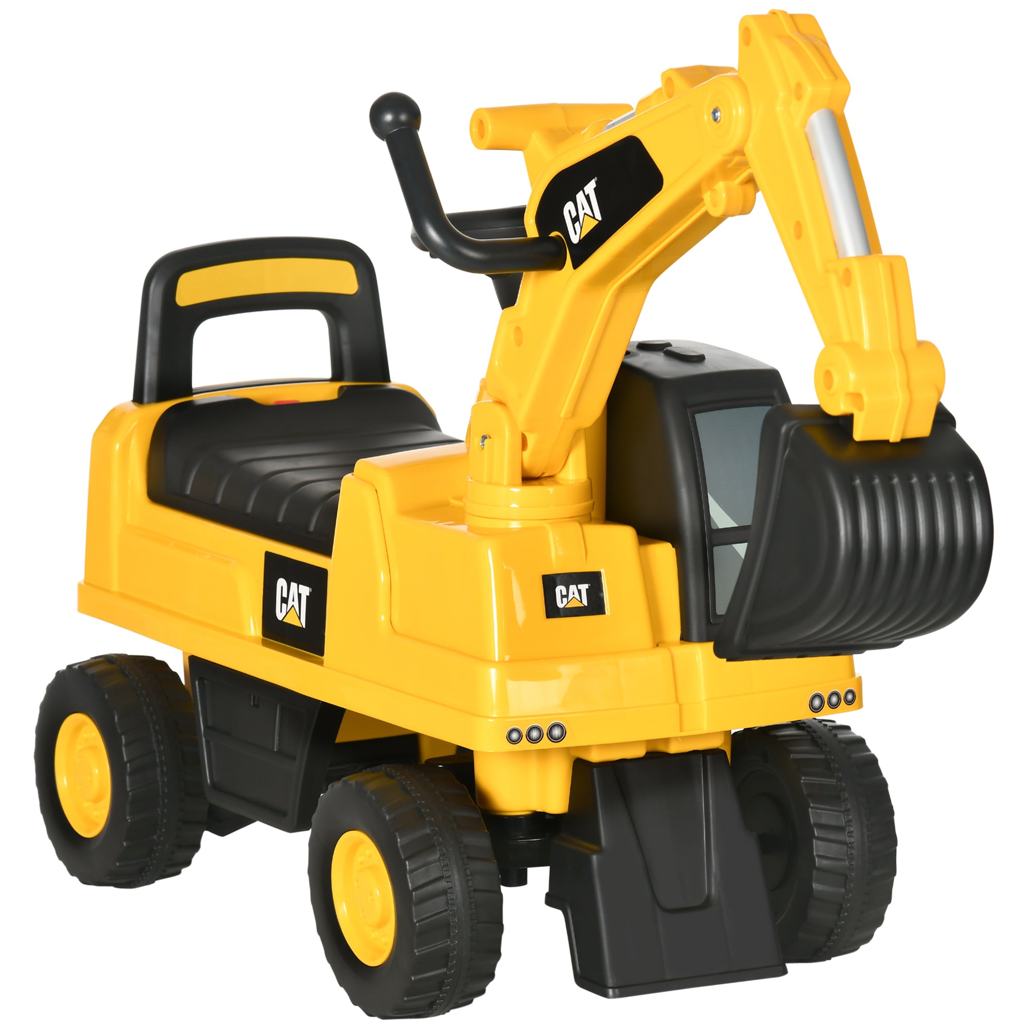 HOMCOM CAT Licensed Kids Ride on Digger Toddler Pretend Construction Play Toy Foot-To-Floor Ride-On Toy w/ Manual Shovel, Horn, Hidden Storage, for Ages 1-3 Years - North Peak Garden Furniture