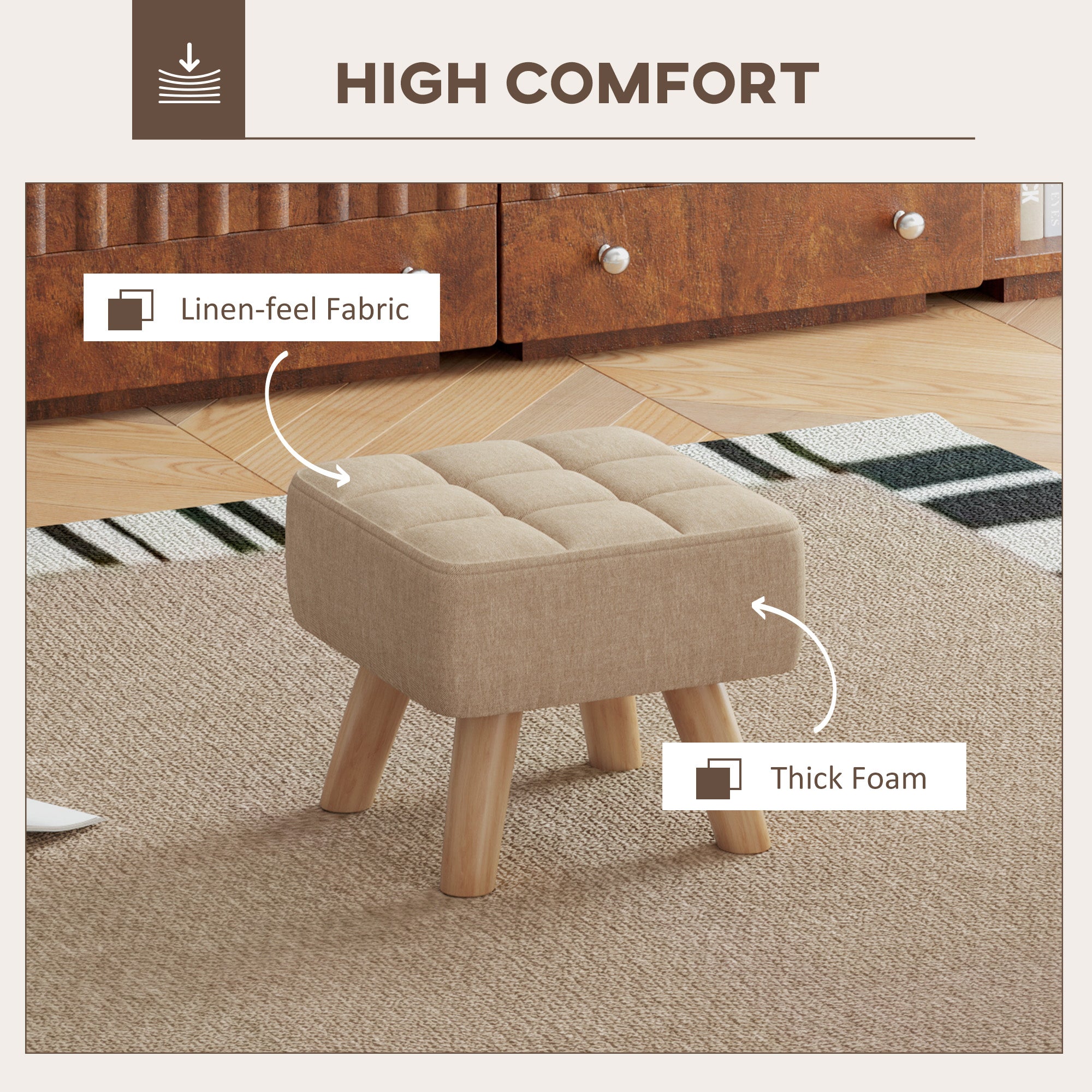 HOMCOM Modern Tufted Footstool, Fabric Foot Stool with Rubber Wood Legs, Padded Seat, for Living Room, Bedroom, Entryway, Light Brown - North Peak Garden Furniture