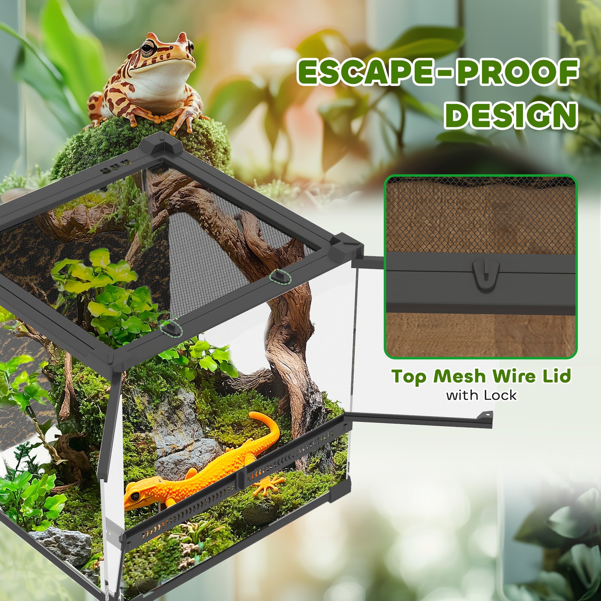 PawHut Reptile Glass Terrarium with Stone Background, Front Ventilation, Escape-Proof Knob Lock, 30 x 30 x 30 cm, Black