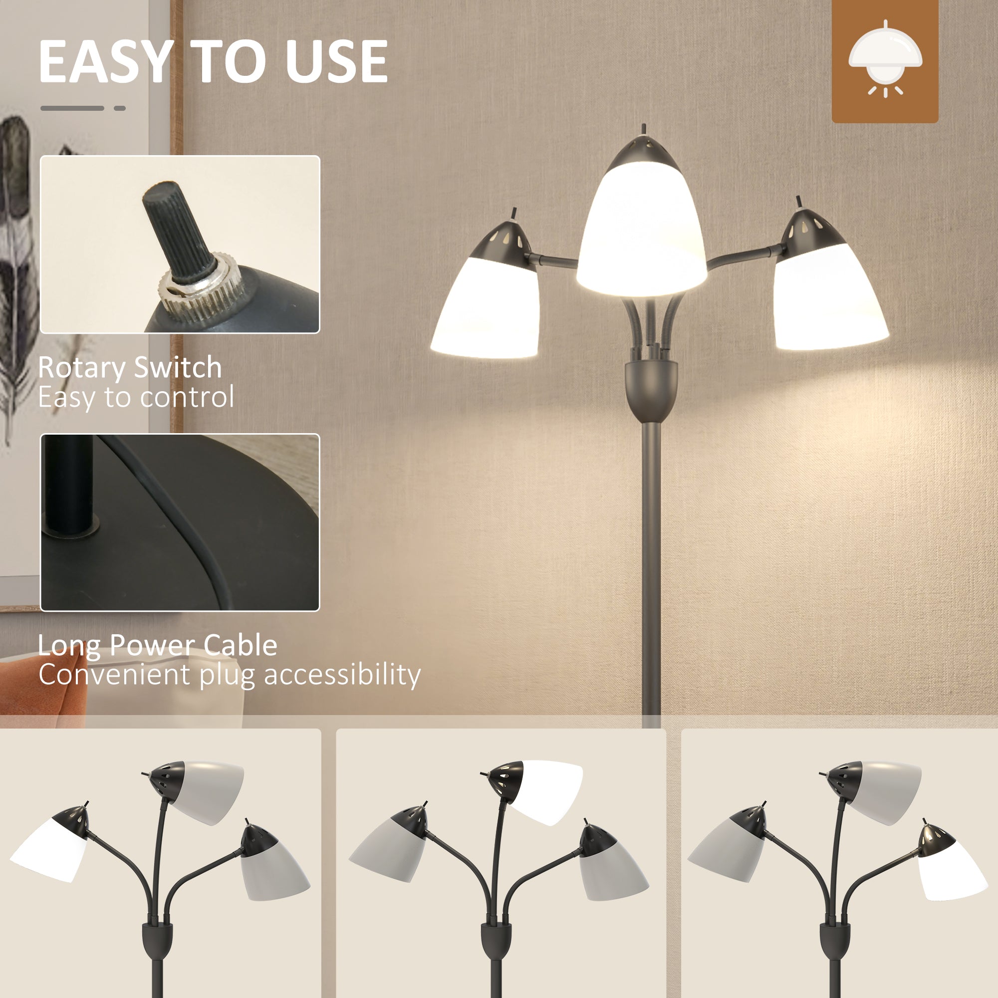 HOMCOM Arc Tree Floor Lamp with 3 Adjustable Rotating Lights, for Bedroom Living Room, Industrial Standing Lamp with Steel Frame, 155cm, Black - North Peak Garden Furniture