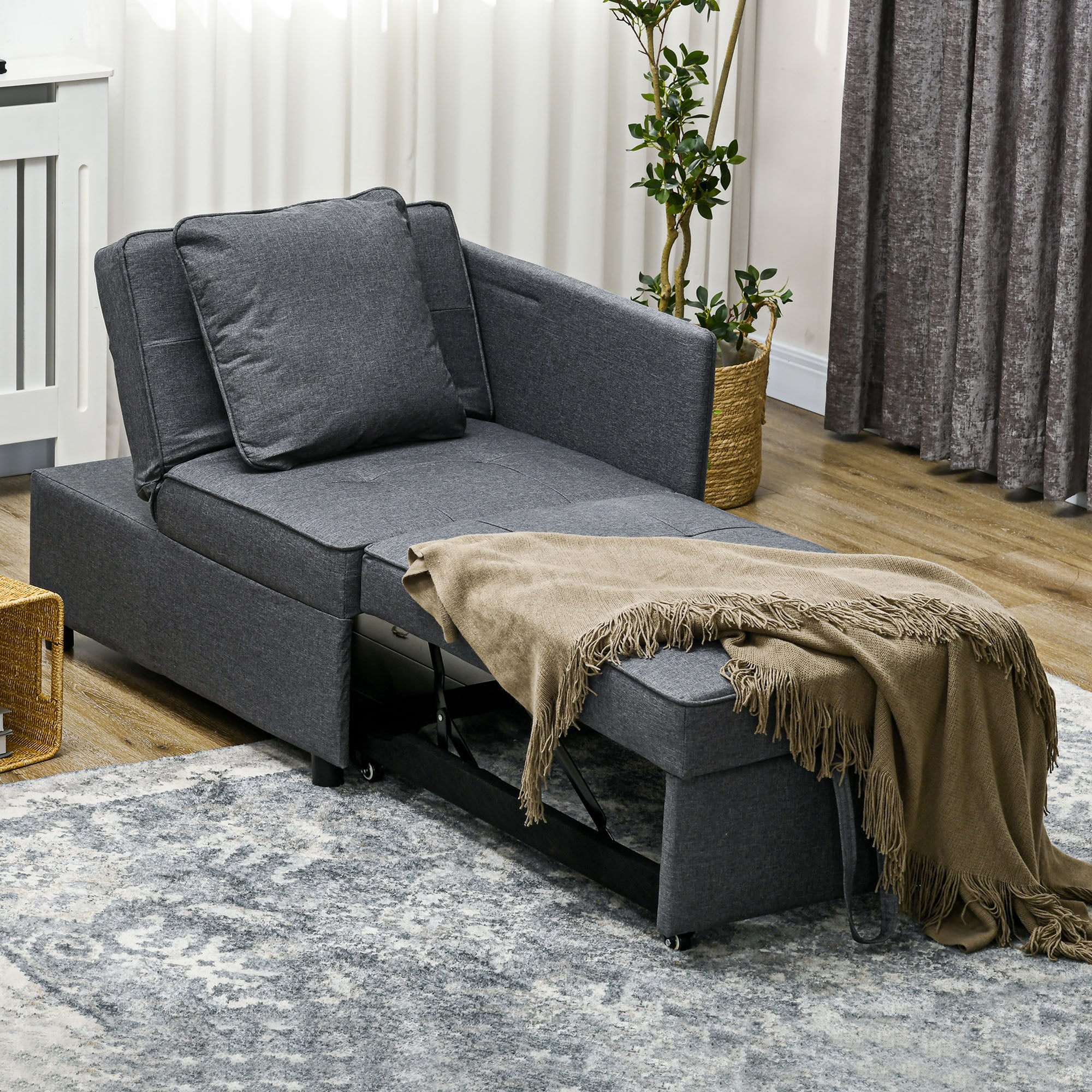 HOMCOM Convertible Single Sofa Bed with Thick Padded Seat, 3-in-1 Multi-Functional Sleeper Chair Bed with Magazine Pocket, for Living Room, Grey - North Peak Garden Furniture