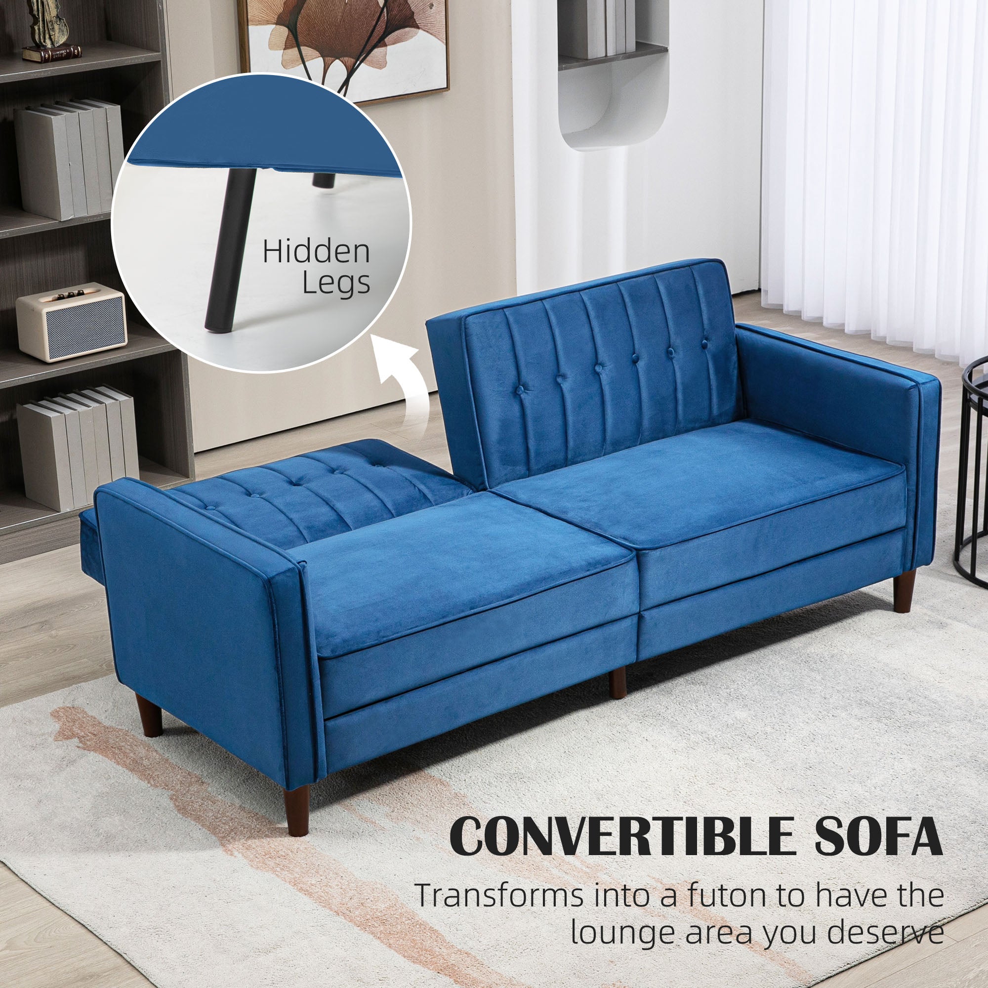 HOMCOM Velvet-Feel Three-Seater Sofa Bed - Blue - North Peak Garden Furniture