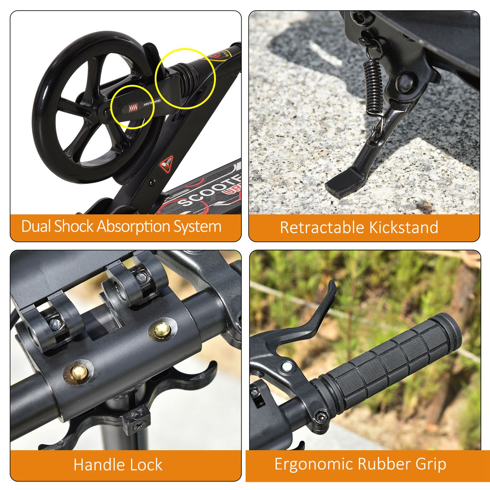 HOMCOM Kick Scooter, Folding 2 Wheel Scooter for 14+ Teens Adults, with Dual Brake System, Dual Suspension, 230mm Big Wheels, 3 Adjustable Handlebar, up to 100KG, Black - North Peak Garden Furniture