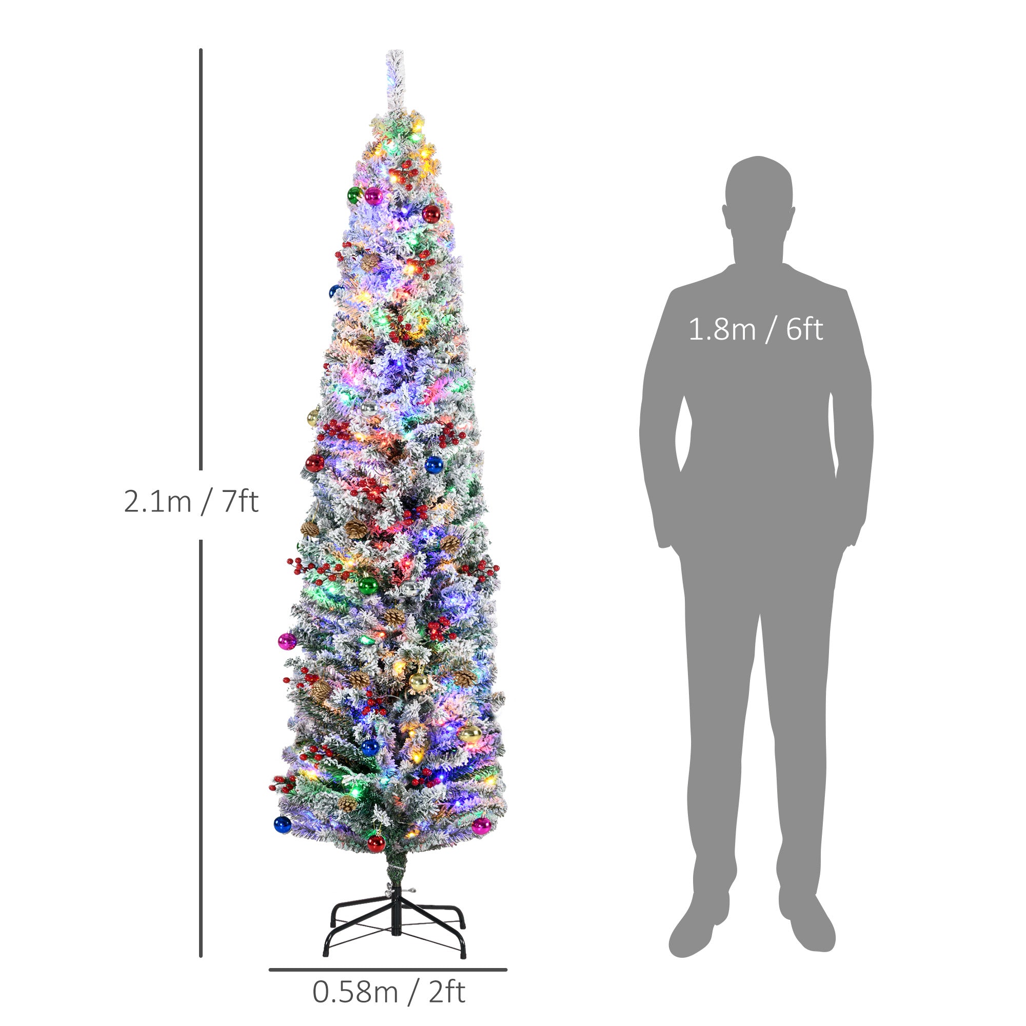 HOMCOM 7' Artificial Prelit Christmas Trees Holiday Décor with Colourful LED Lights, Flocked Tips, Berry, Pine Cone - North Peak Garden Furniture
