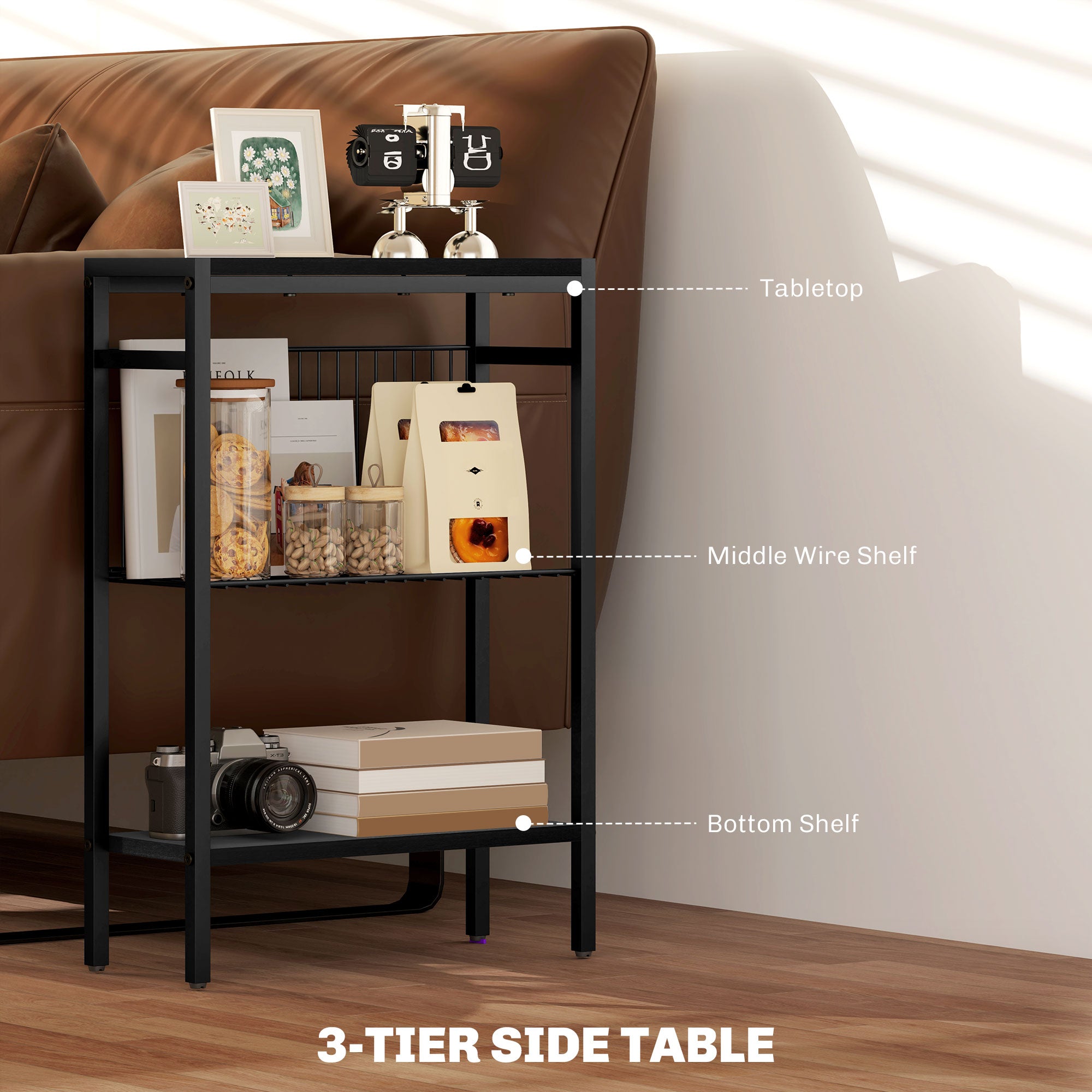 HOMCOM Three Shelf Industrial Side Table, Black - North Peak Garden Furniture