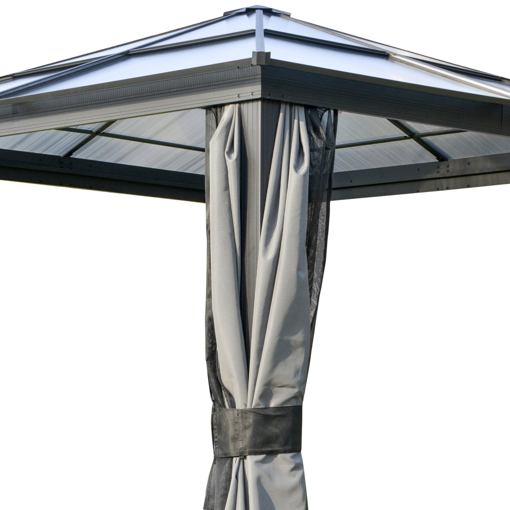 Outsunny 3 x 3(m) Hardtop Gazebo Canopy with Polycarbonate Roof, Aluminium Frame, Permanent Pavilion Garden Gazebo with Netting and Curtains for Patio, Deck, Dark Grey - North Peak Garden Furniture
