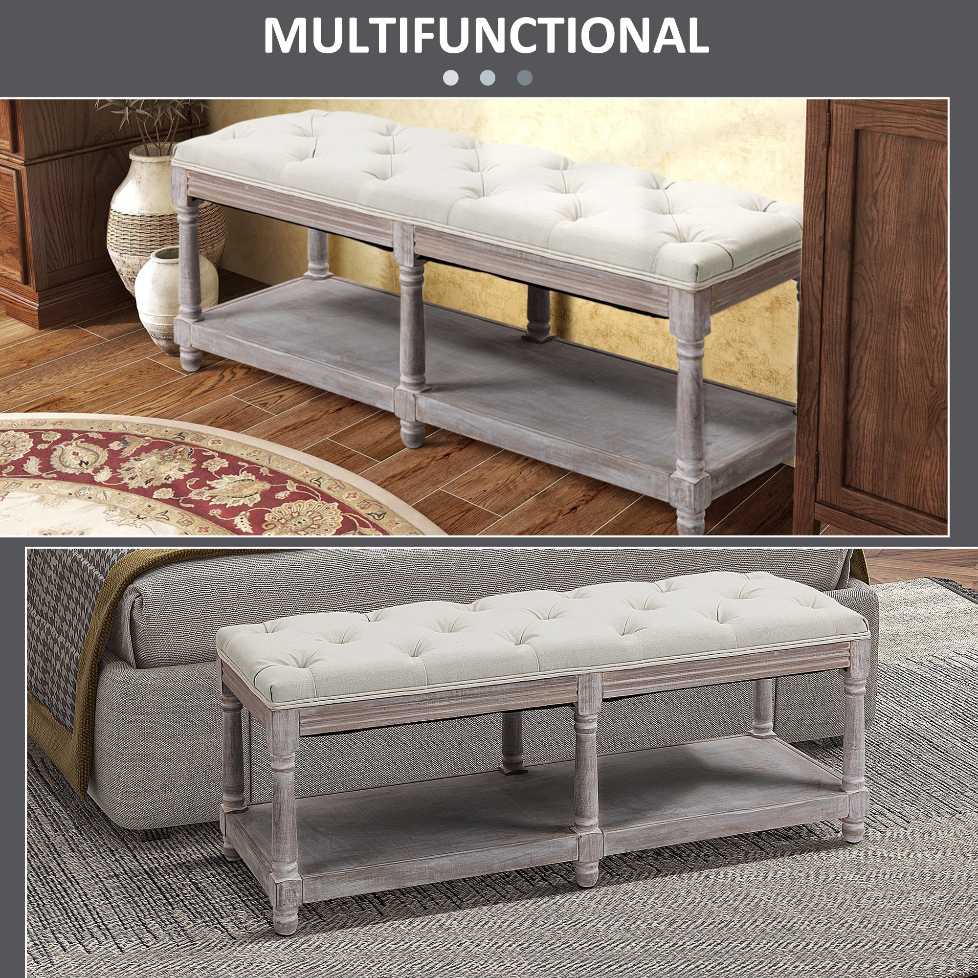 HOMCOM 2-Tier Bed End Bench, Vintage Stool, Wooden Window Seat with Storage Shelf, Button Tufted Upholstered Footstool for Living Room, Bedroom, Entryway, Cream White - North Peak Garden Furniture