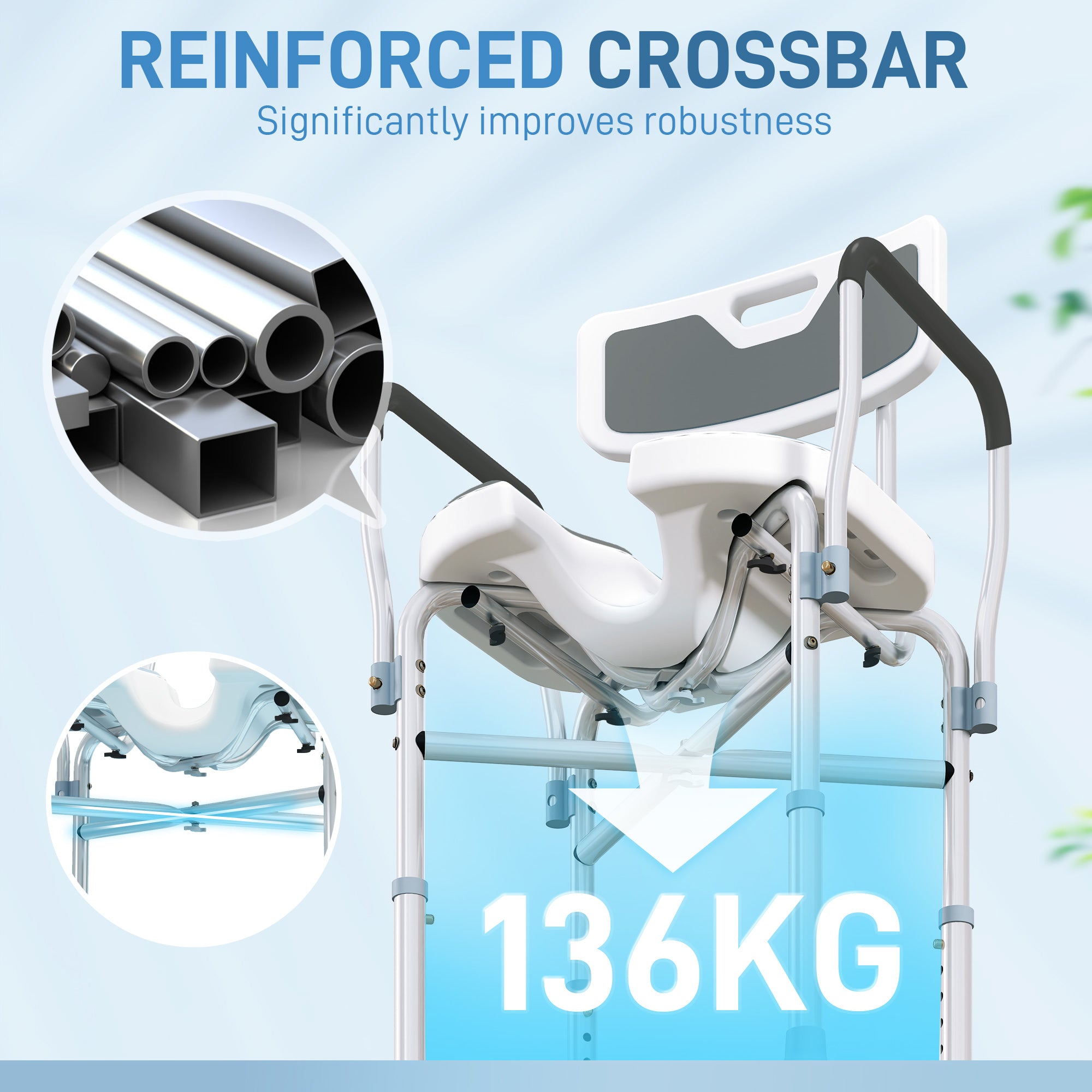 HOMCOM Shower Chair with Upgraded U-shaped Seat and Reinforced Crossbars, Height Adjustable Padded Bath Chair with Non-slip Feet for Elderly Seniors Disabled Handicap, Tool-Free Assembly, Grey - North Peak Garden Furniture