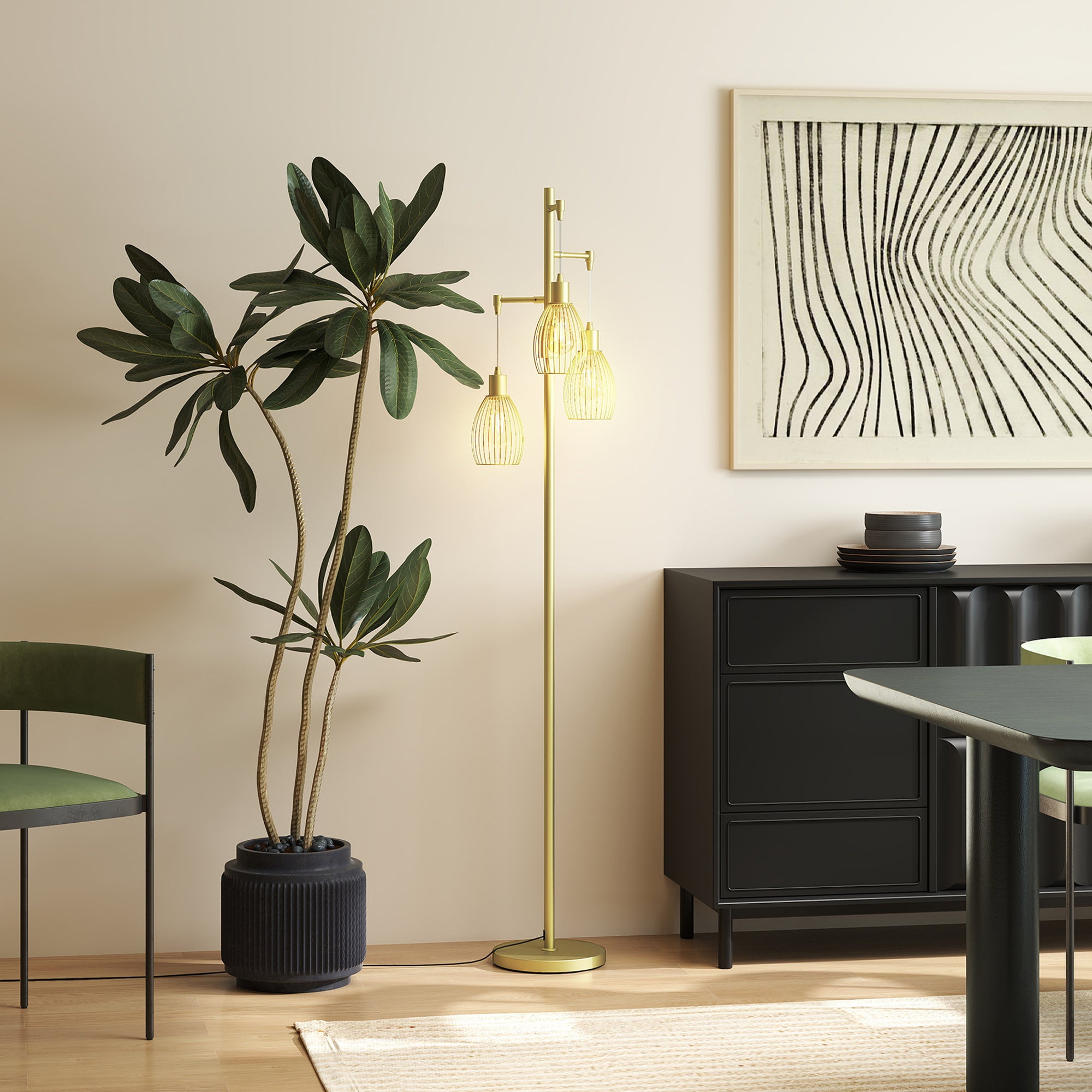HOMCOM 170cm Industrial 3-Light Floor Lamp, Dimmable Standing Lamp with Steel Lampshades for Living Room, Bedroom, Dinging Room, Study, Gold Tone - North Peak Garden Furniture