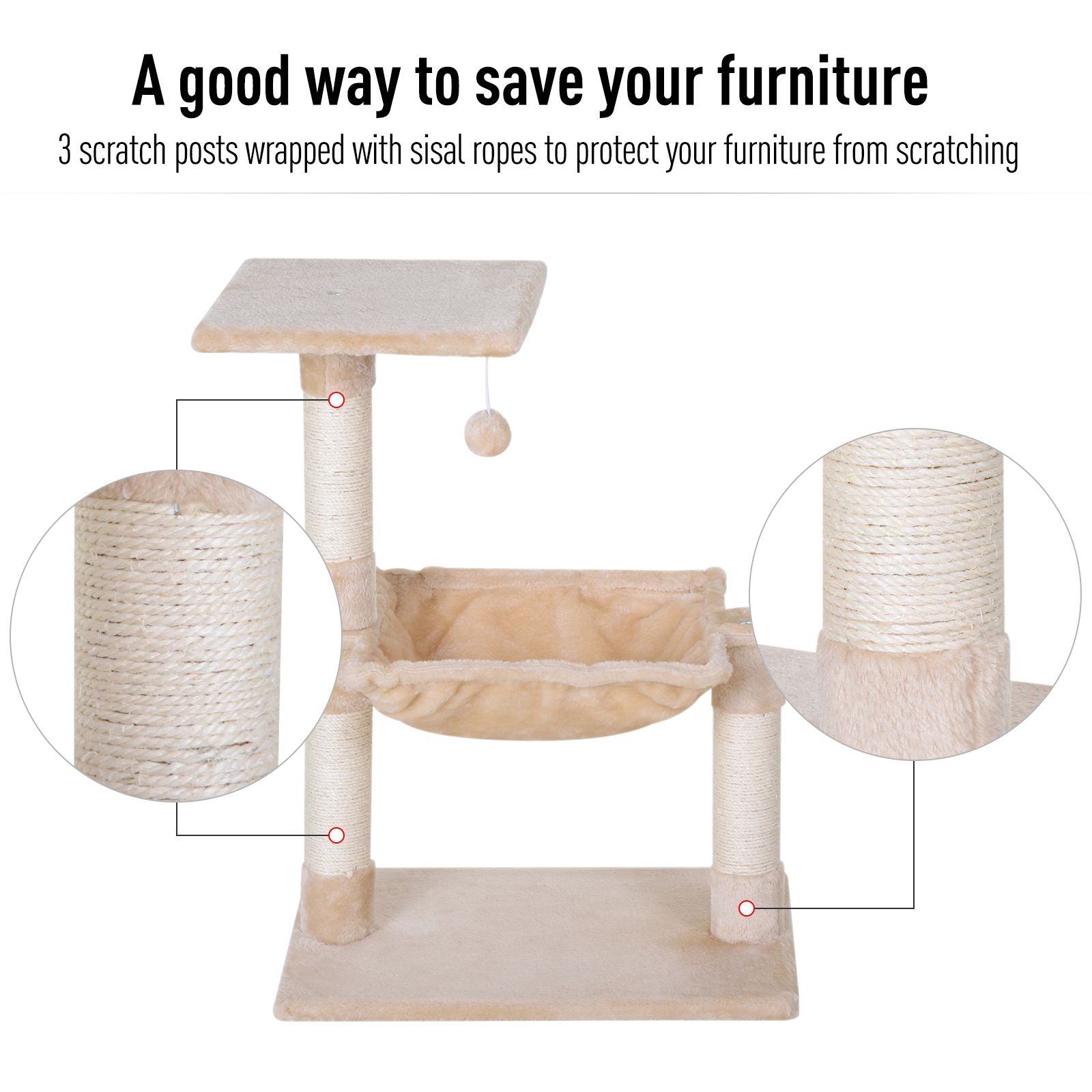 PawHut Cat Scratch Post with Bed Cat Tree for Indoor Cats Sisal Scratching Posts Hammock Kitty Activity Centre Beige - North Peak Garden Furniture