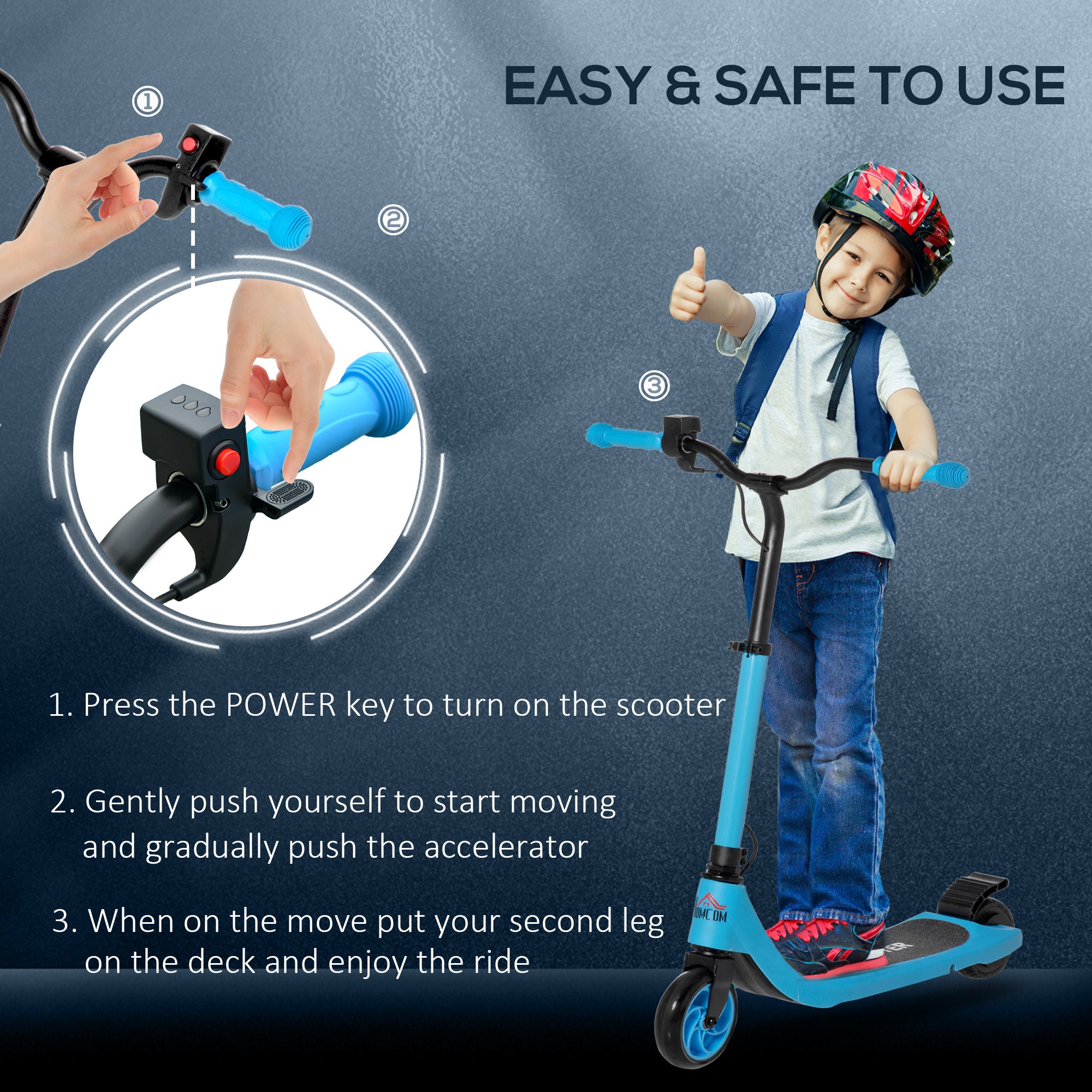 HOMCOM Electric Scooter, 120W Motor E-Scooter with Battery Display, Adjustable Height, Rear Brake for Ages 6+ Years - Blue - North Peak Garden Furniture