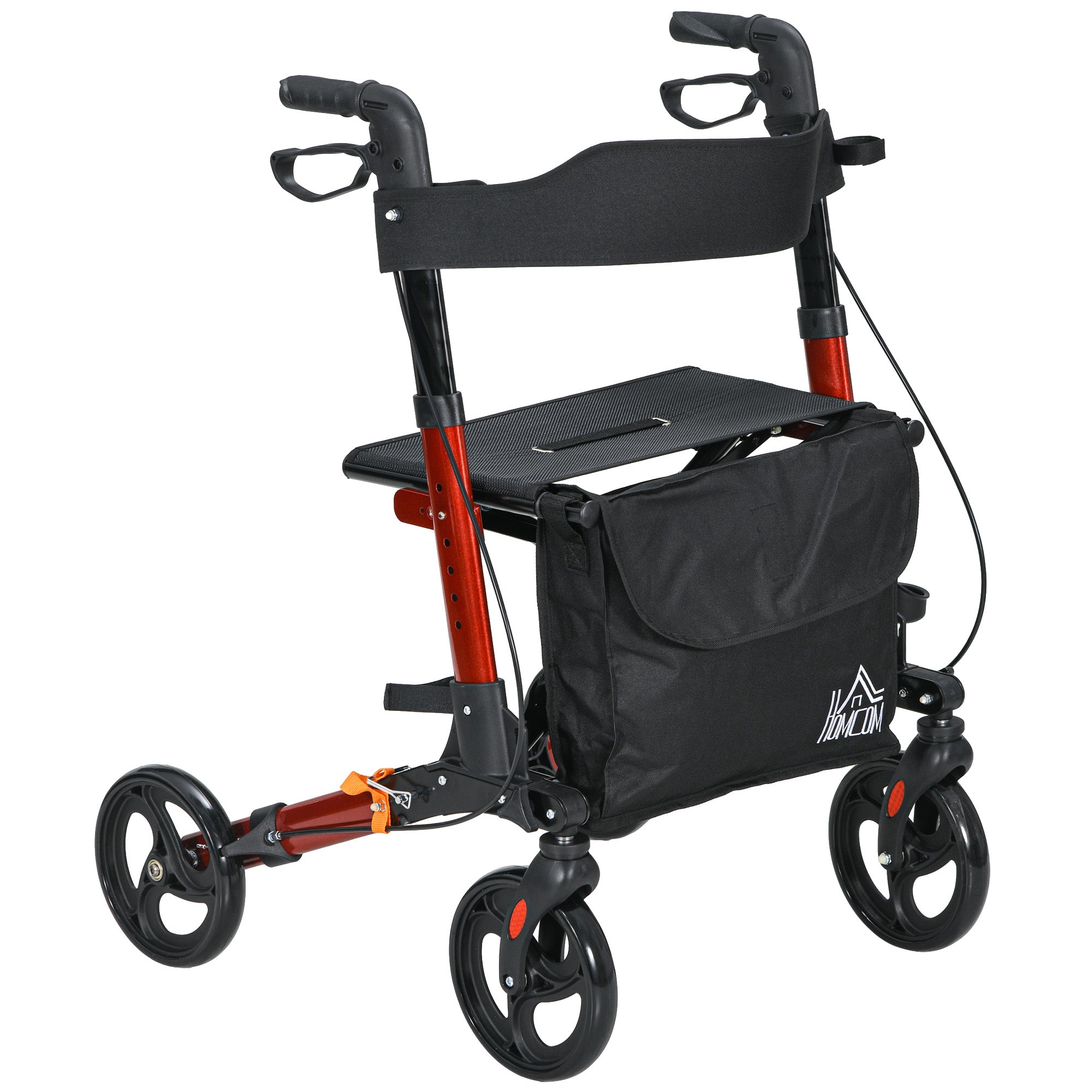 HOMCOM 4 Wheel Rollator with Seat and Back, Folding Mobility Walker with Carry Bag, Adjustable Height, Dual Brakes, Cane Holder, Lightweight Aluminium Walking Frame for Seniors and Disabled, Red - North Peak Garden Furniture