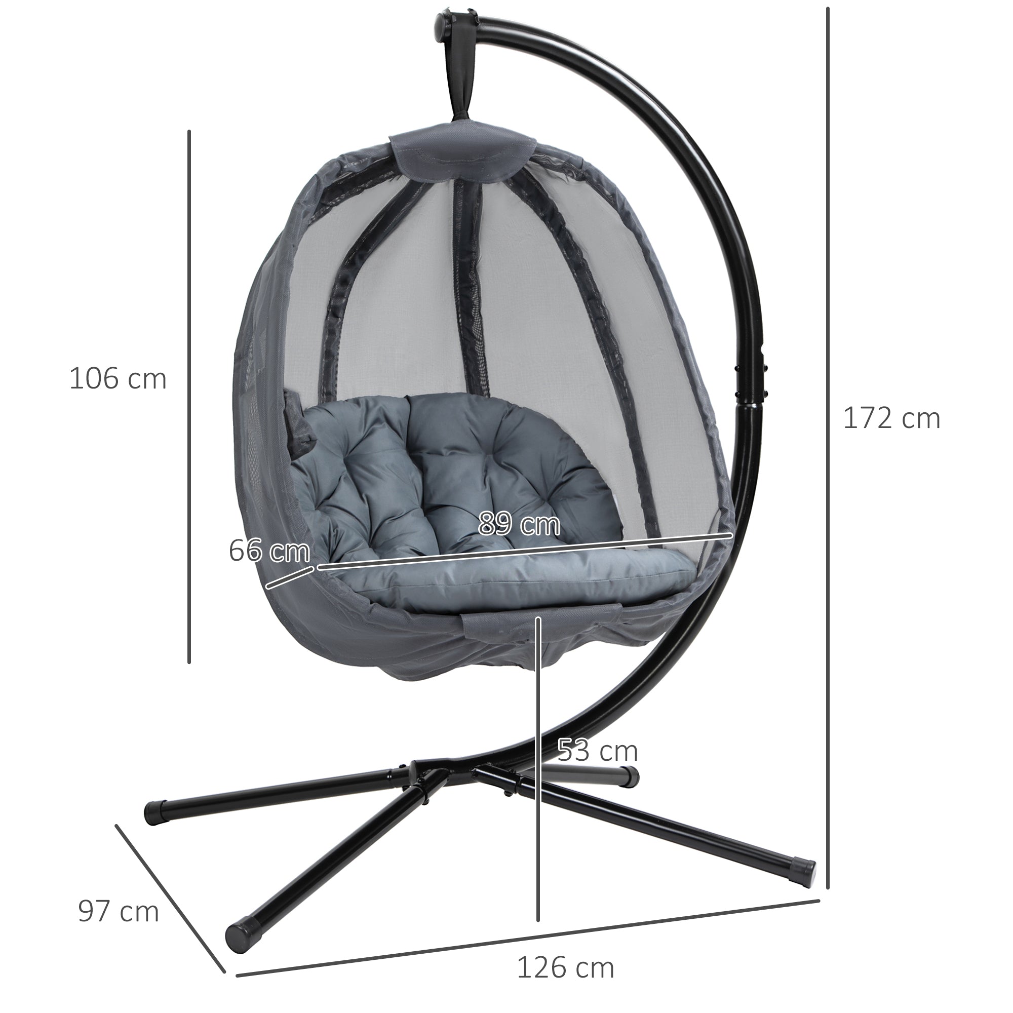 Outsunny Hanging Egg Chair, Folding Texteline Swing Hammock with Side Pocket, Cushion and Stand for Indoor Outdoor, Patio Garden Furniture, Grey - North Peak Garden Furniture