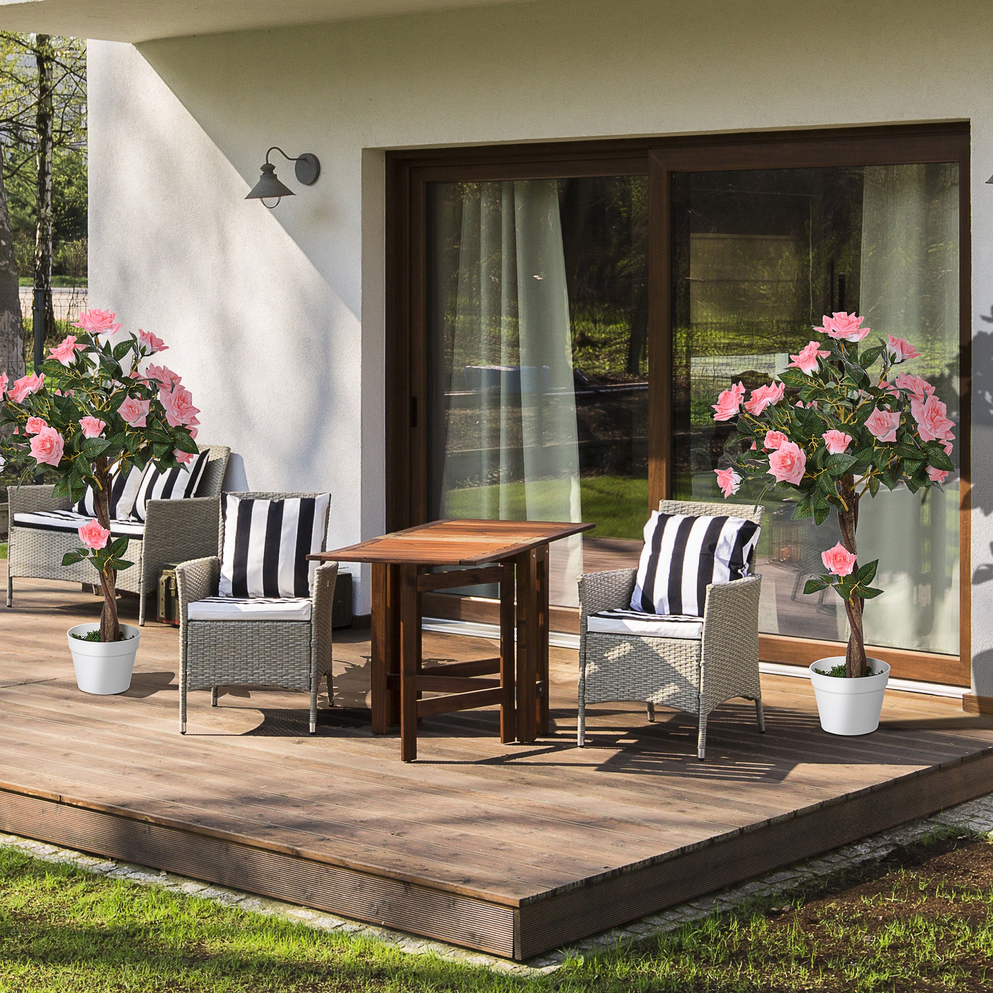 Outsunny Set of 2 Artificial Plants Pink Rose Floral in Pot, Fake Plants for Home Indoor Outdoor Decor, 90cm - North Peak Garden Furniture