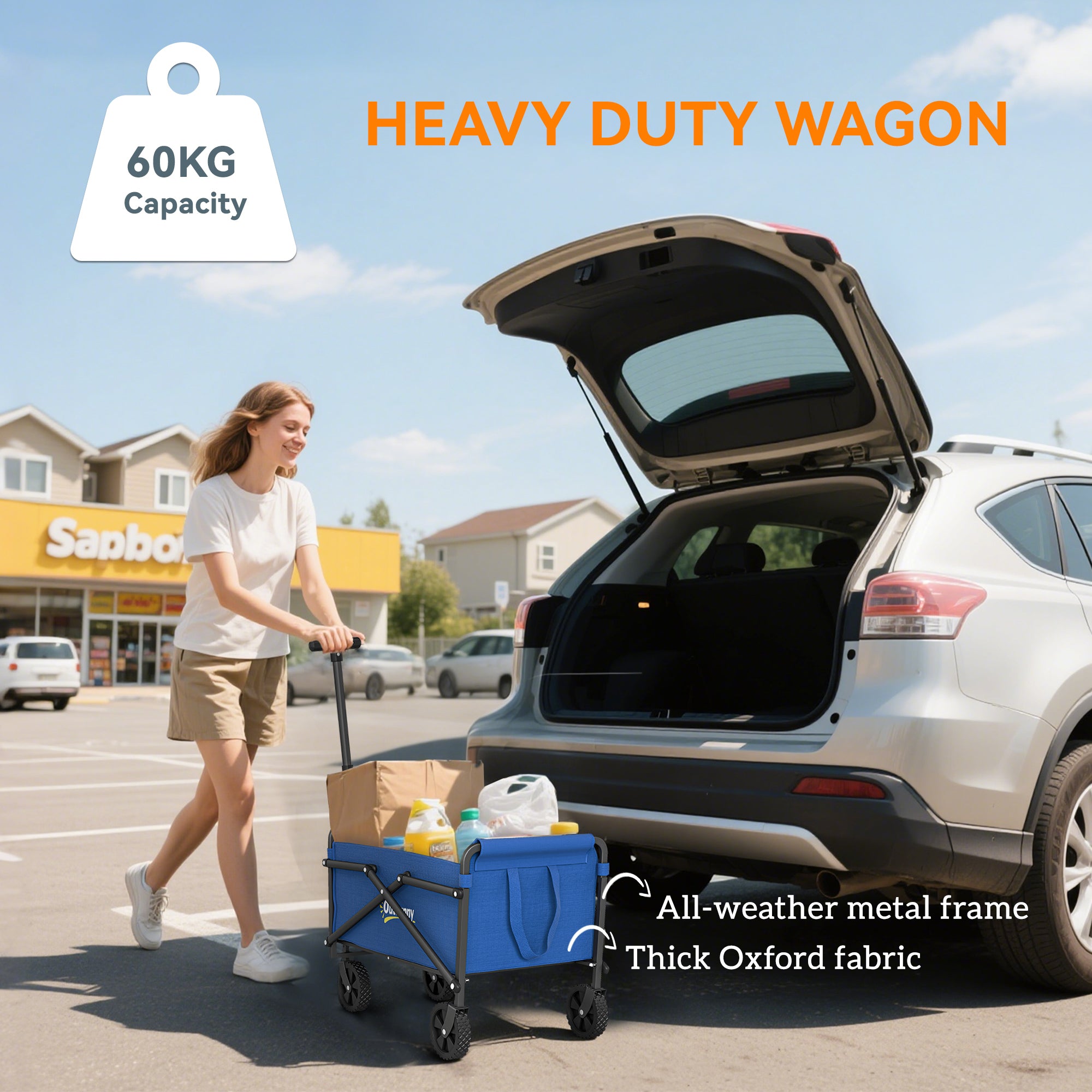Outsunny 41L Festival Trolley on Wheels, Small Garden Folding Trolley Cart, 60kg Heavy Duty Collapsible Folding Wagon with Adjustable Handle and Carrying Bag for Beach, Camping, Festival, Blue