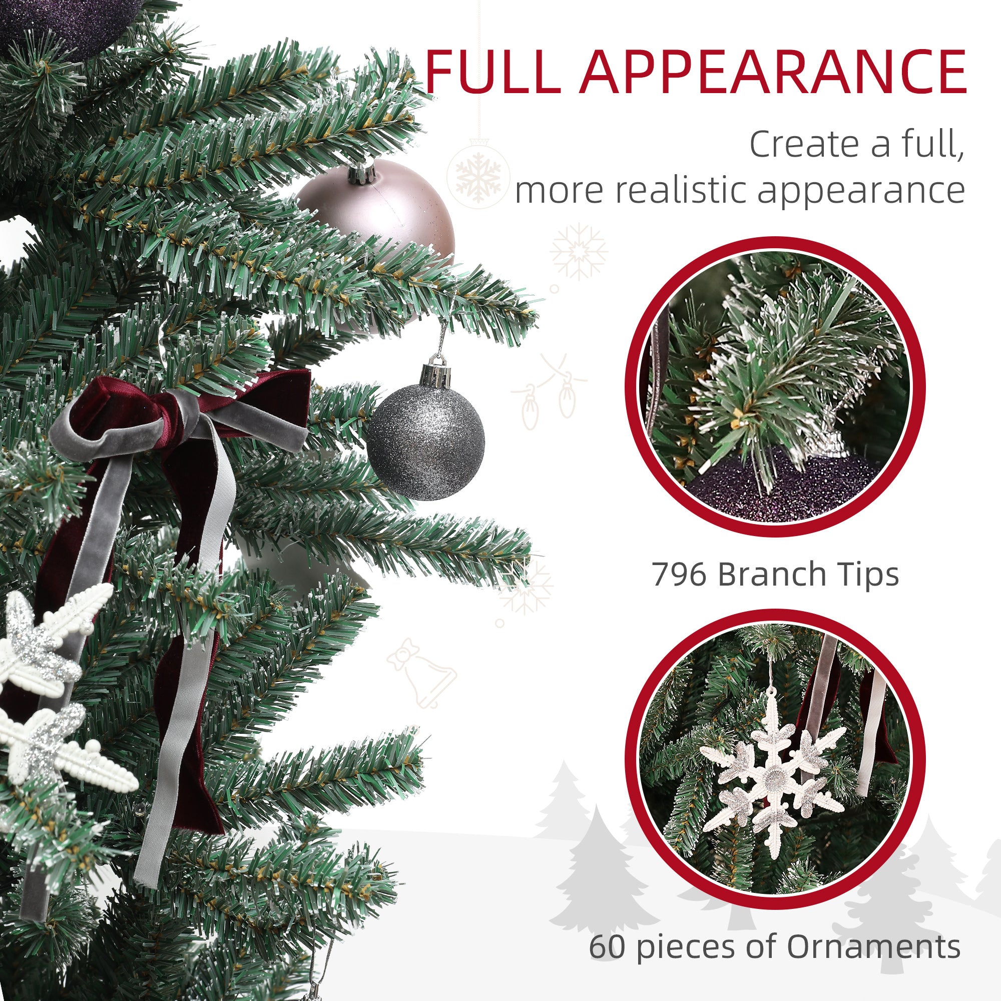 HOMCOM 6ft Artificial Christmas Tree, with Purple Decorations and Lights - North Peak Garden Furniture