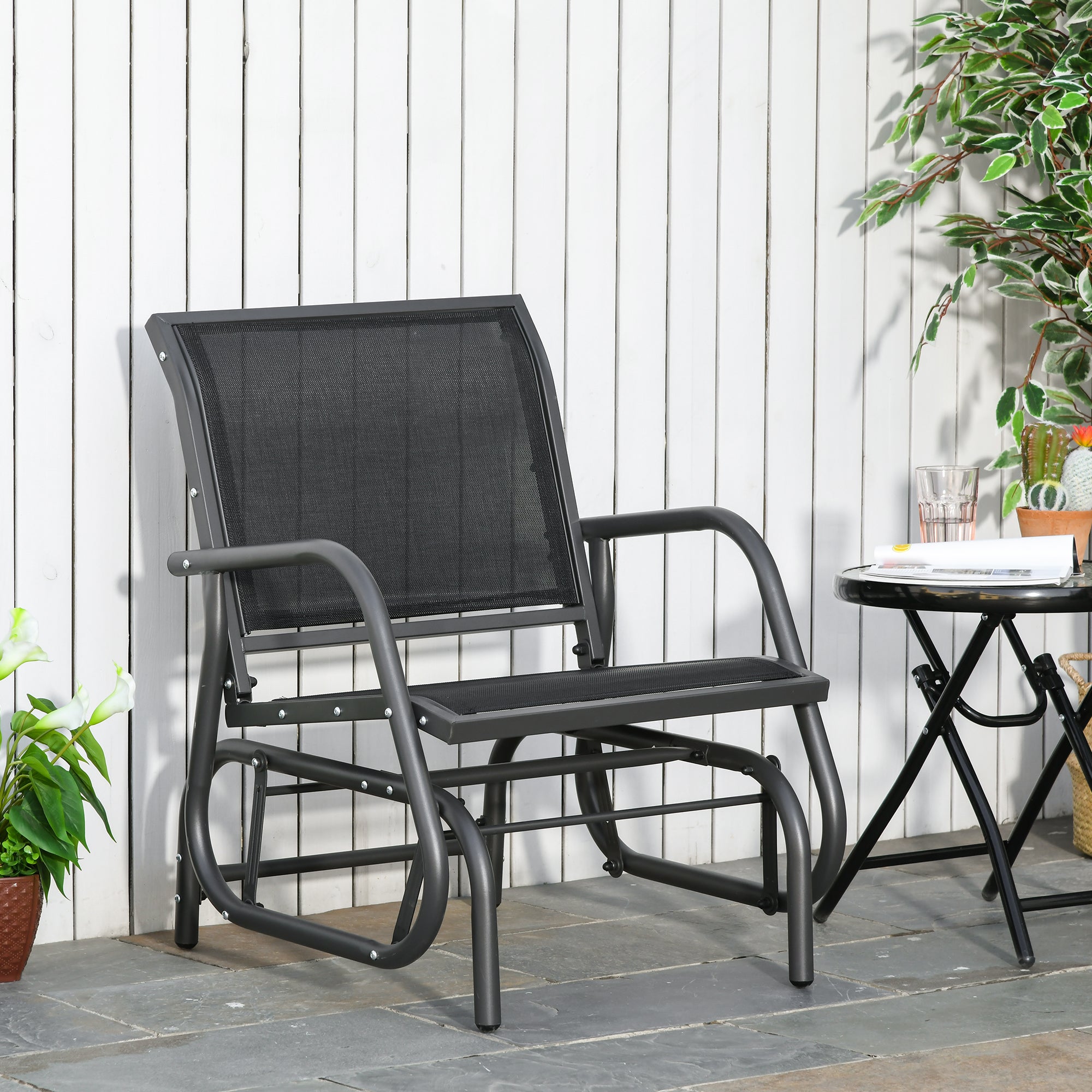 Outsunny Outdoor Gliding Swing Chair Garden Seat w/ Mesh Seat Curved Back Steel Frame Armrests Comfortable Lounge Furniture Dark Grey Black - North Peak Garden Furniture