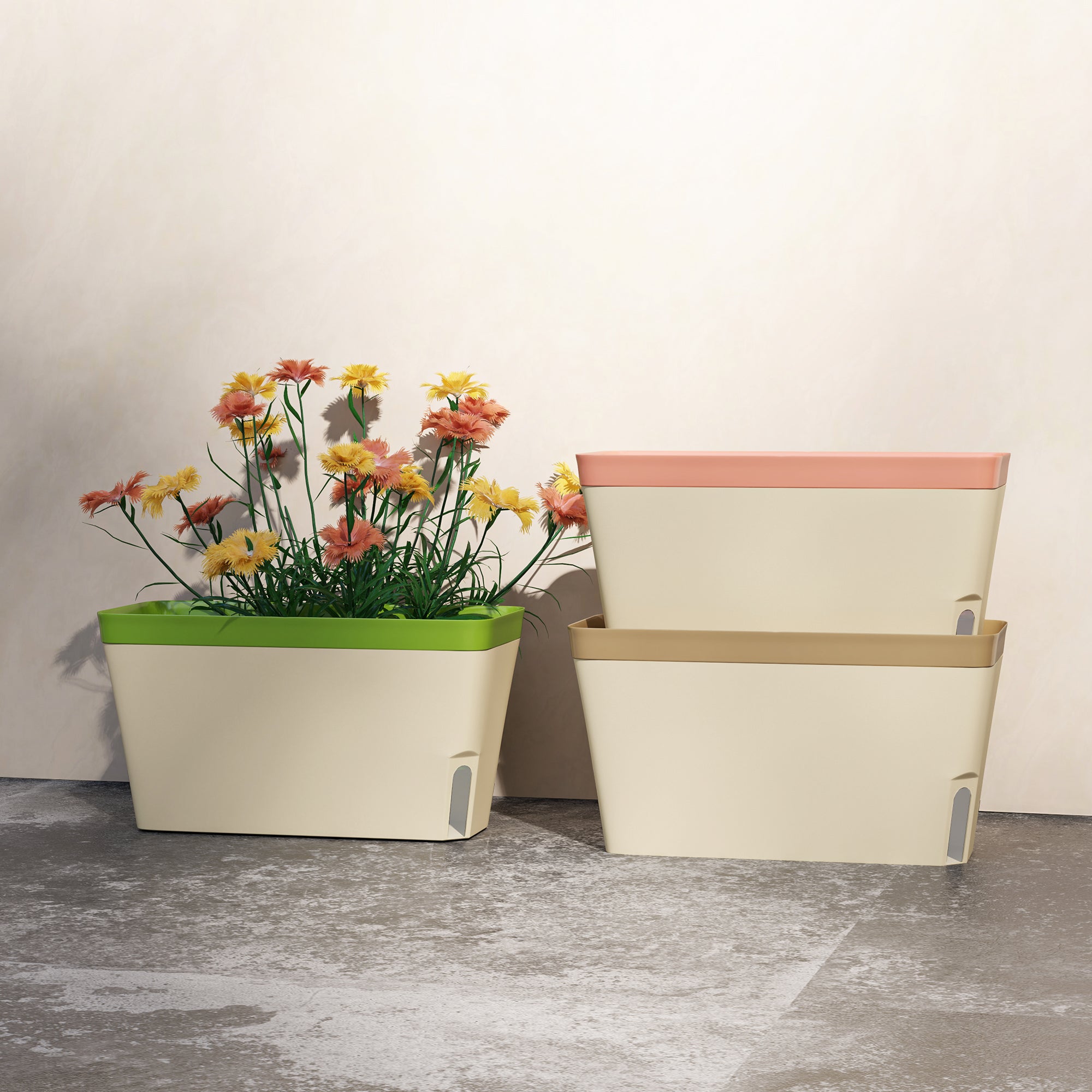 Outsunny Set of 3 Self Watering Plant Pots Outdoor, 27cm Rectangular Garden Planters with Visual Water Level Window, Plastic Flower Pots for Indoor Outdoor Garden Balcony Windowsil - North Peak Garden Furniture